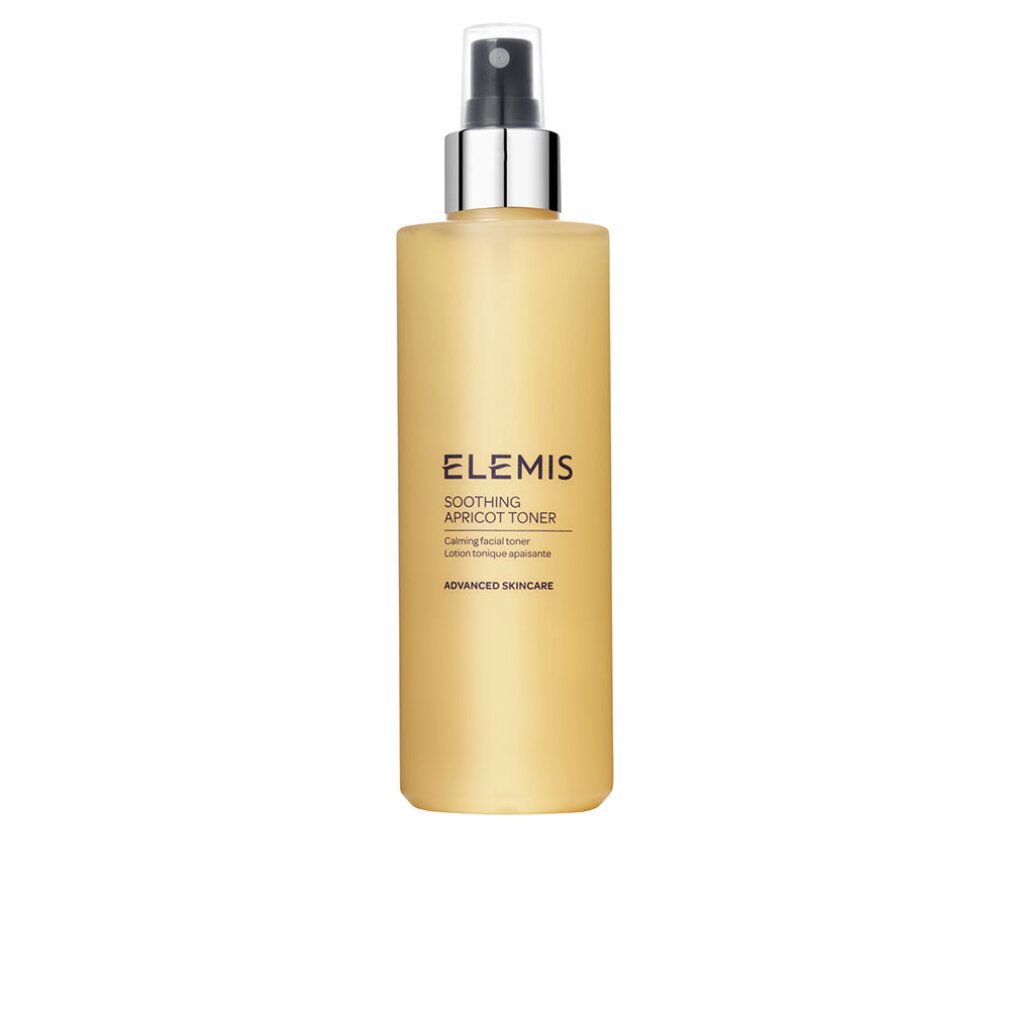 Beige Flasche mit Sprühkopf. Aufschrift: Elemis, Soothing Apricot Toner. Text darunter.