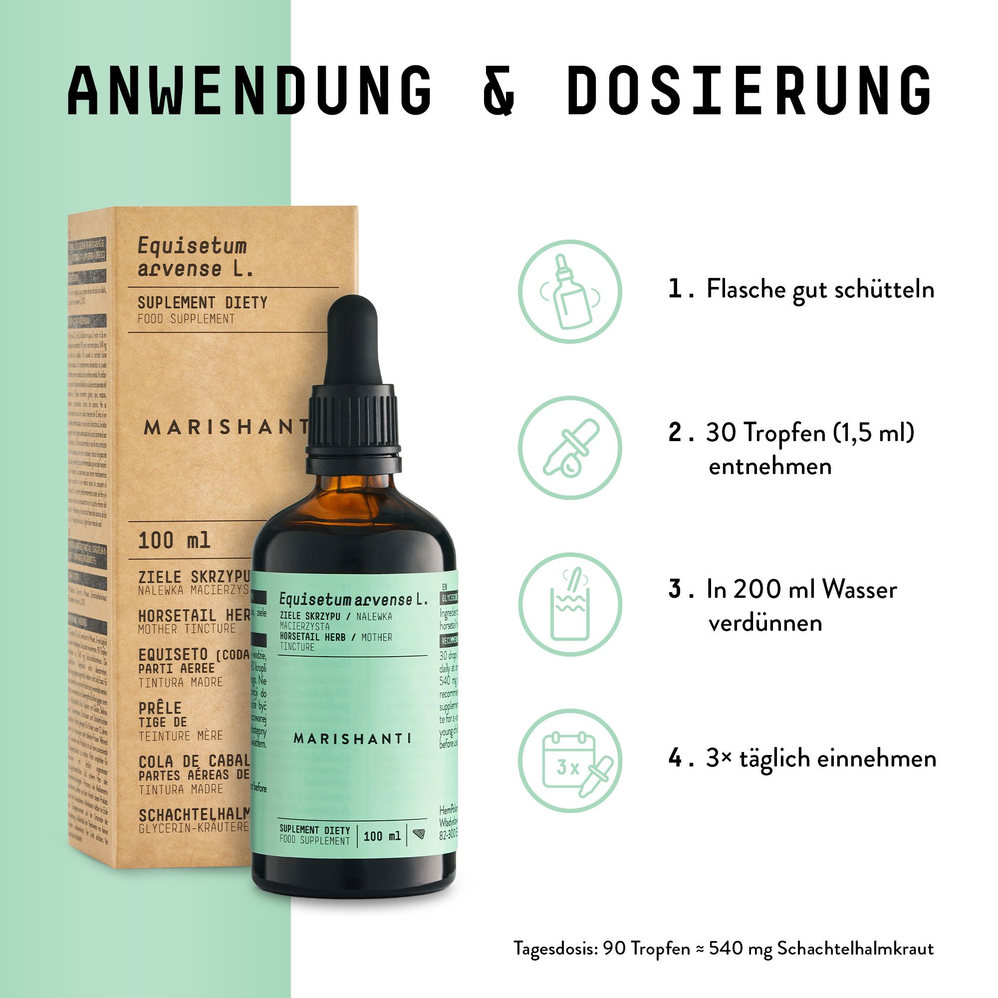 Braune Flasche mit Tropfer und Verpackung. Aufschrift Marishanti. Anwendungs- und Dosierungsanleitung mit Icons.