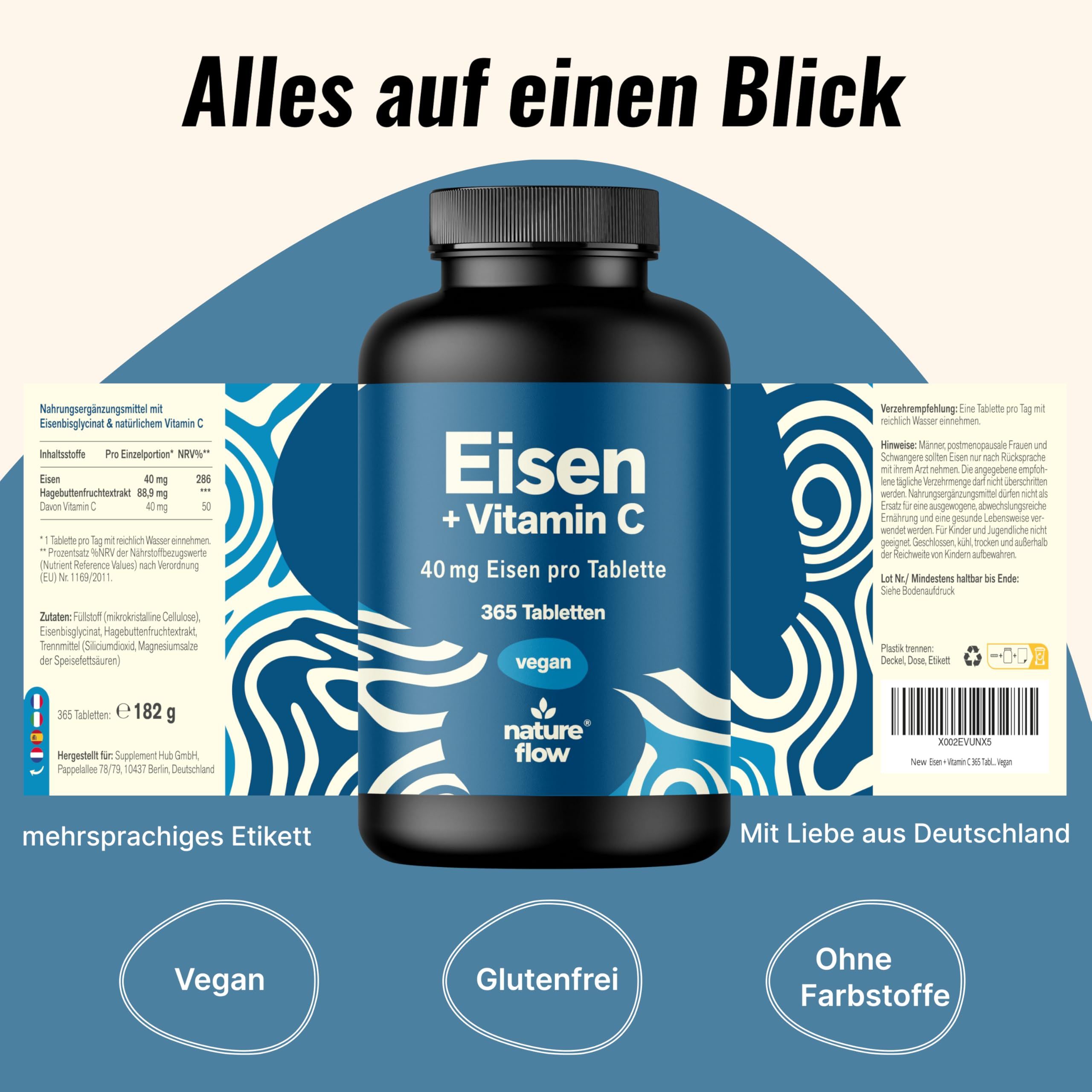 Flasche mit Eisen + Vitamin C. Mehrsprachiges Etikett. Text: Vegan, glutenfrei, ohne Farbstoffe. Mit Liebe aus Deutschland.