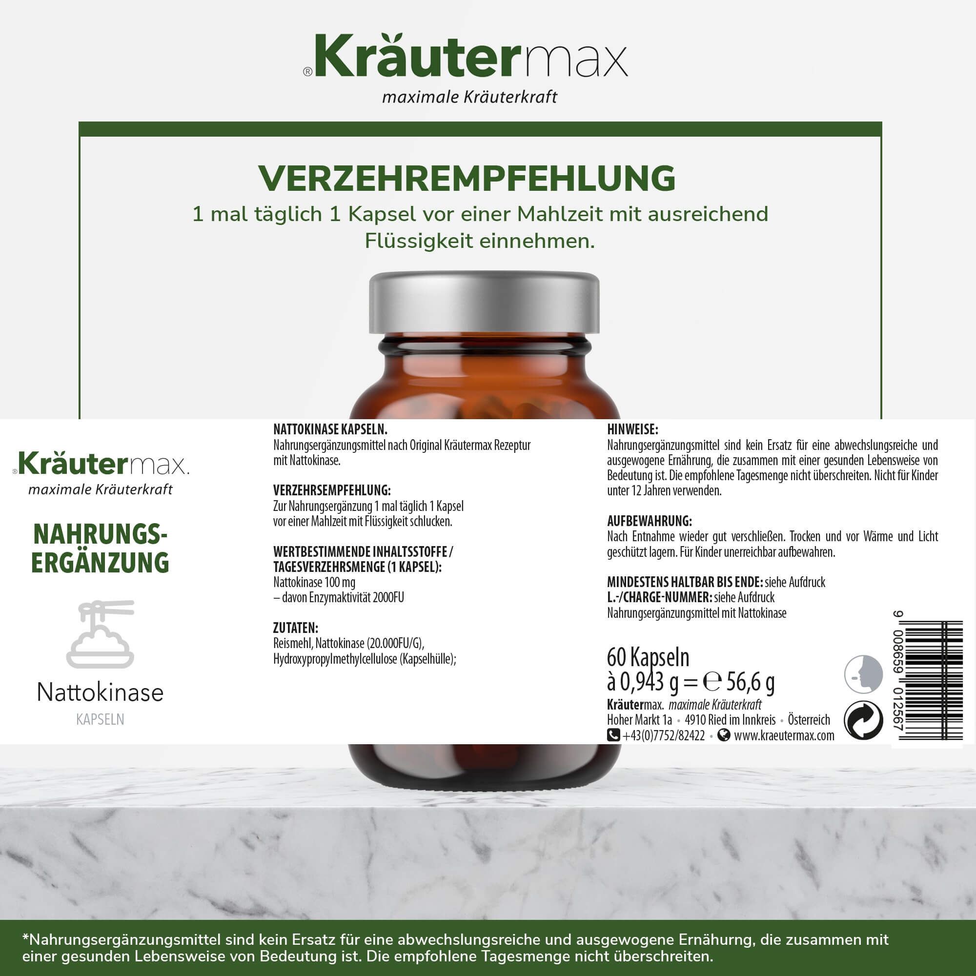 Produktflasche mit Etikett und Text. Text: Verzehrempfehlung, Inhaltsstoffe, Hinweise. 60 Kapseln, 0,943 g = 56,6 g.