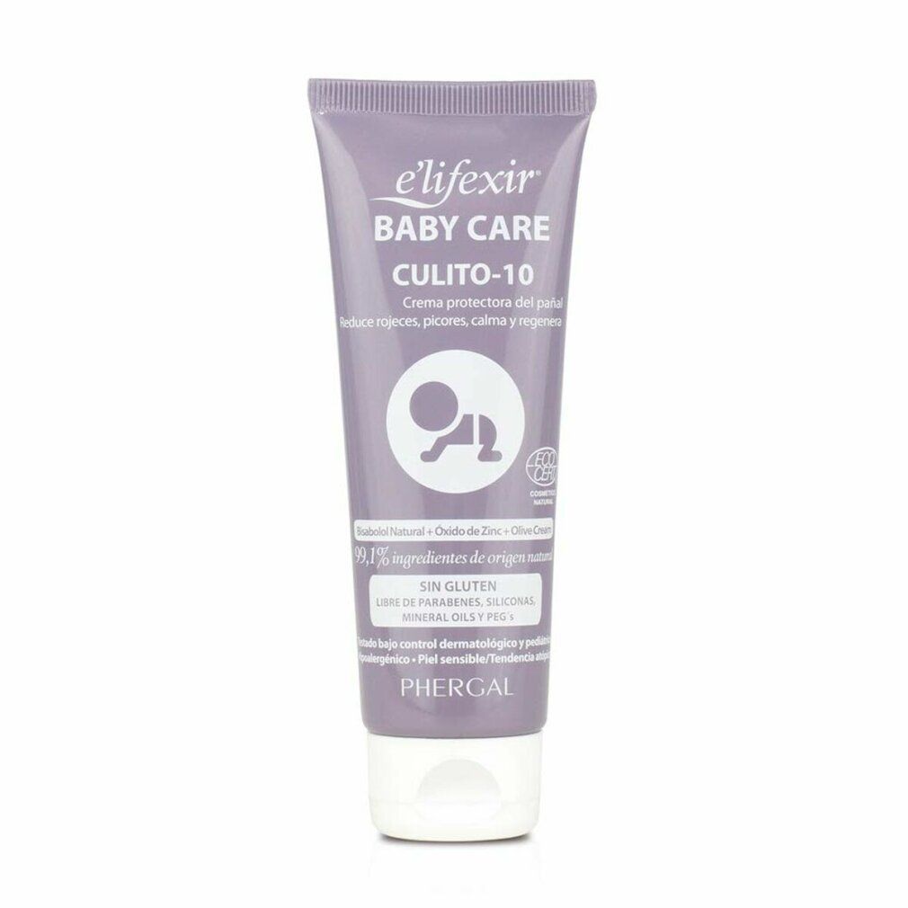 Lila Tube mit weißem Verschluss. Aufschrift: e'lifexir Baby Care, CULITO-10. Enthält ein Baby-Symbol. Text: Sin Gluten, Phergal.
