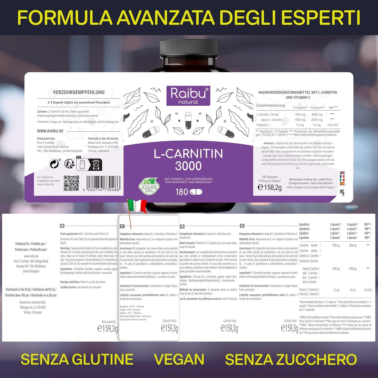 Etichetta con informazioni su L-Carnitina 3000. Contiene informazioni nutrizionali, ingredienti e produttore.
