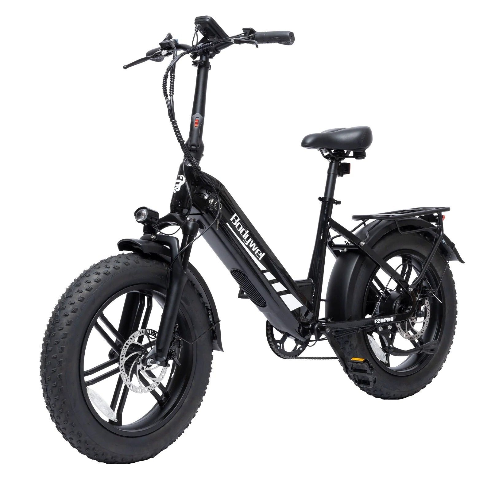 Schwarzes Bodywel F20PRO Elektrofahrrad. Große Reifen, Gepäckträger, Schutzbleche. Marke Bodywel sichtbar.