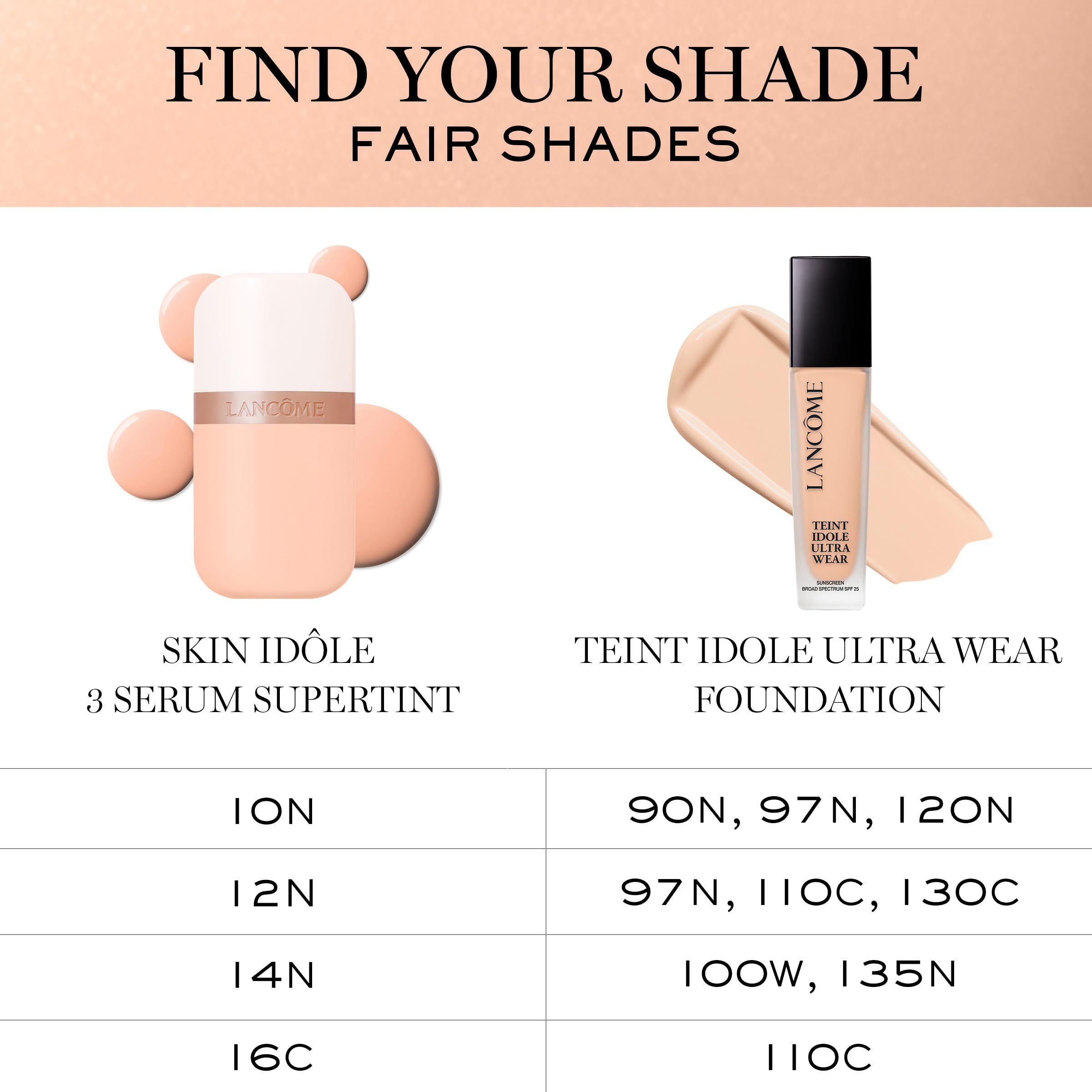 Vergleich von zwei Produkten. Text: SKIN IDÔLE 3 SERUM SUPER TINT, TEINT IDOLE ULTRA WEAR FOUNDATION.