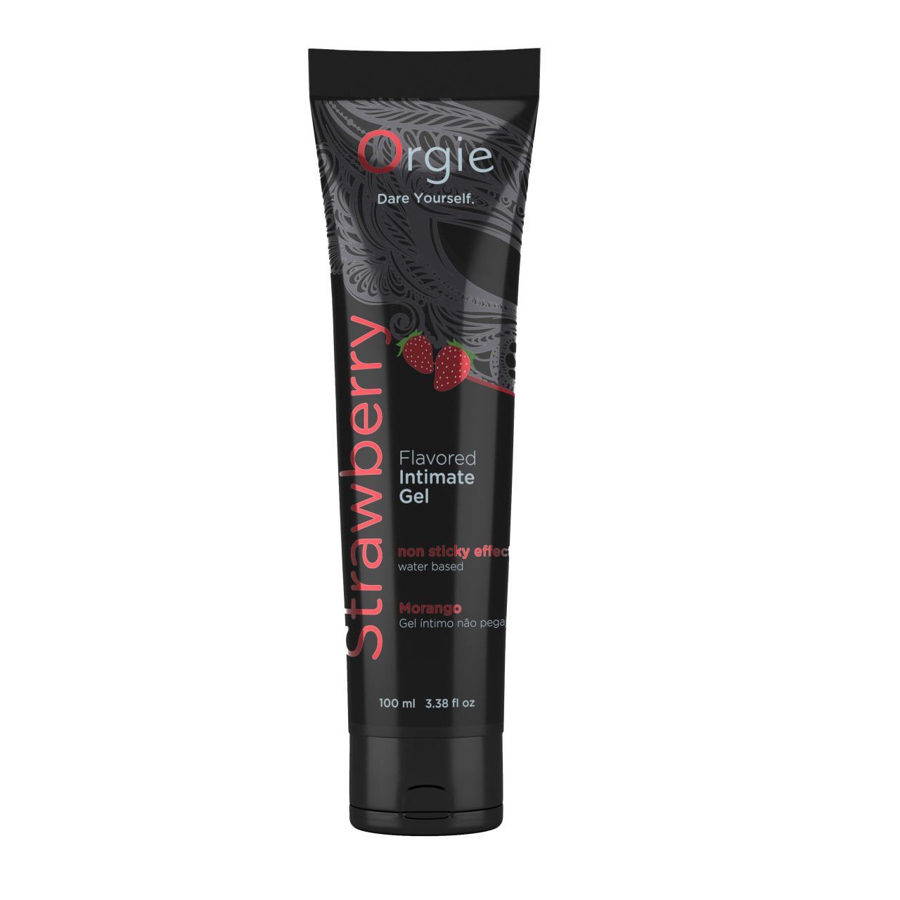 Schwarze Tube mit roter Aufschrift "Strawberry". Marke "Orgie". Erdbeer-Abbildung. "Flavored Intimate Gel".