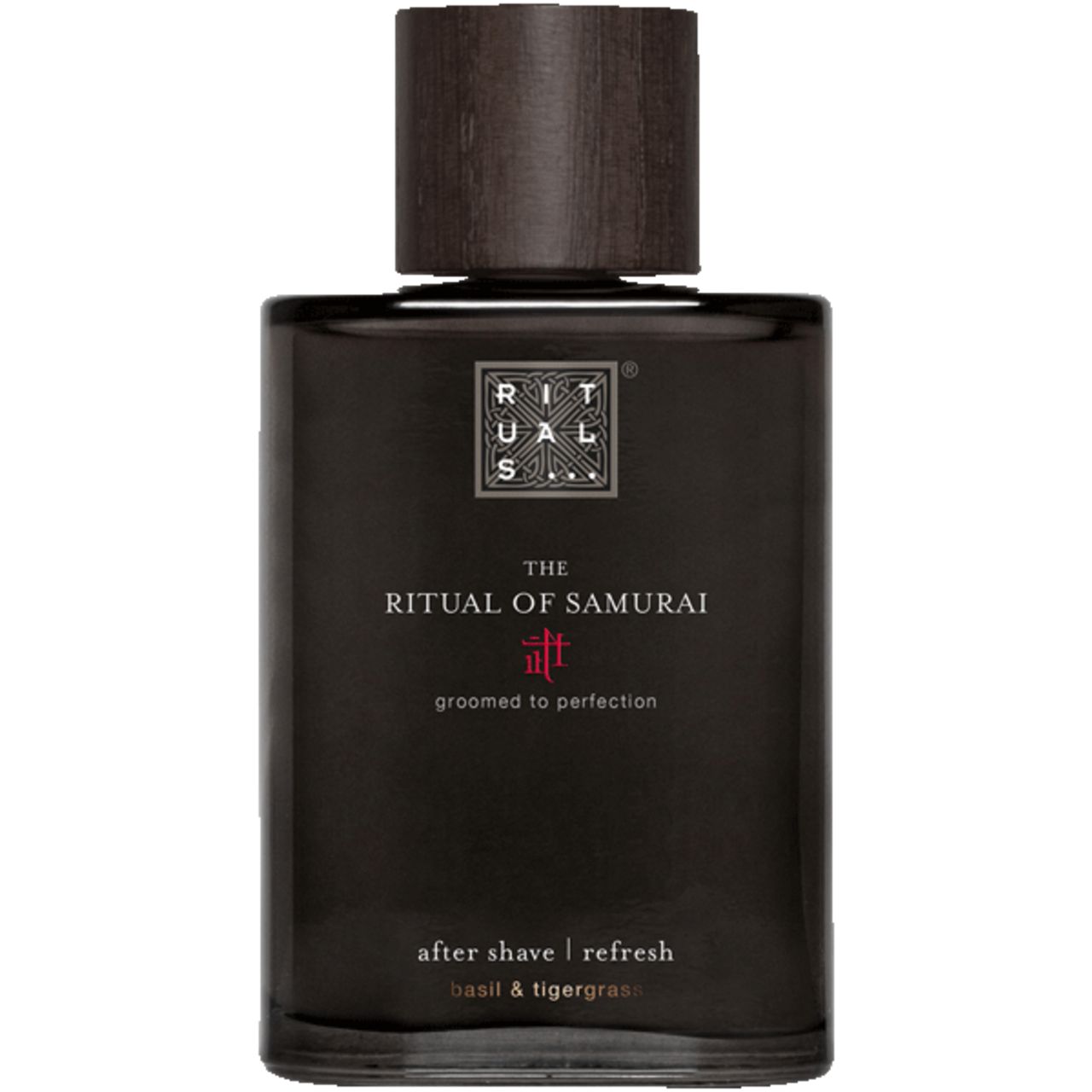Dunkle Flasche mit Holzverschluss. Aufschrift: Rituals, The Ritual of Samurai, After Shave Refresh. Basilikum & Tigergras.