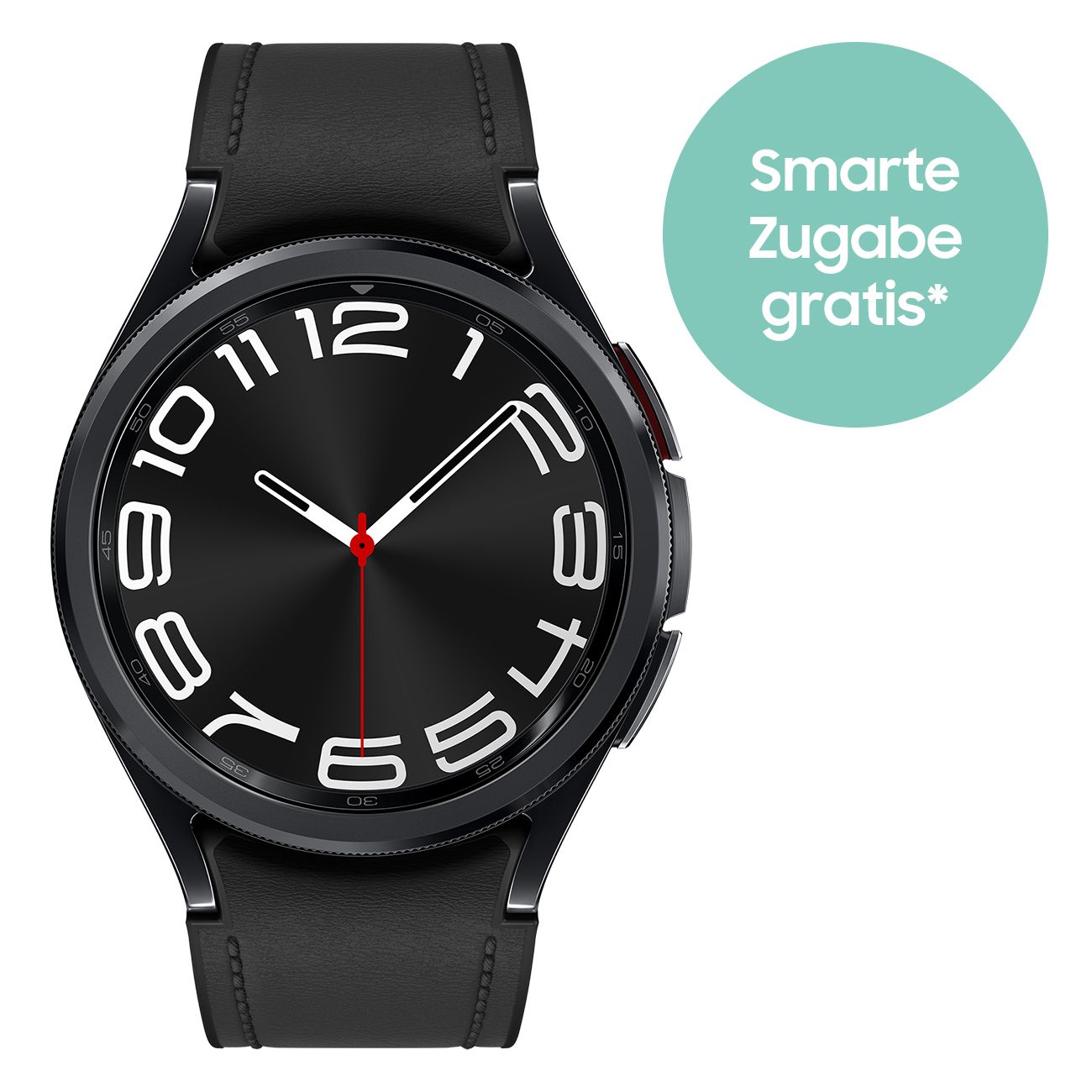 Schwarze Smartwatch mit Lederarmband. Zifferblatt mit weißen Ziffern. Runde grüne Werbe-Grafik.