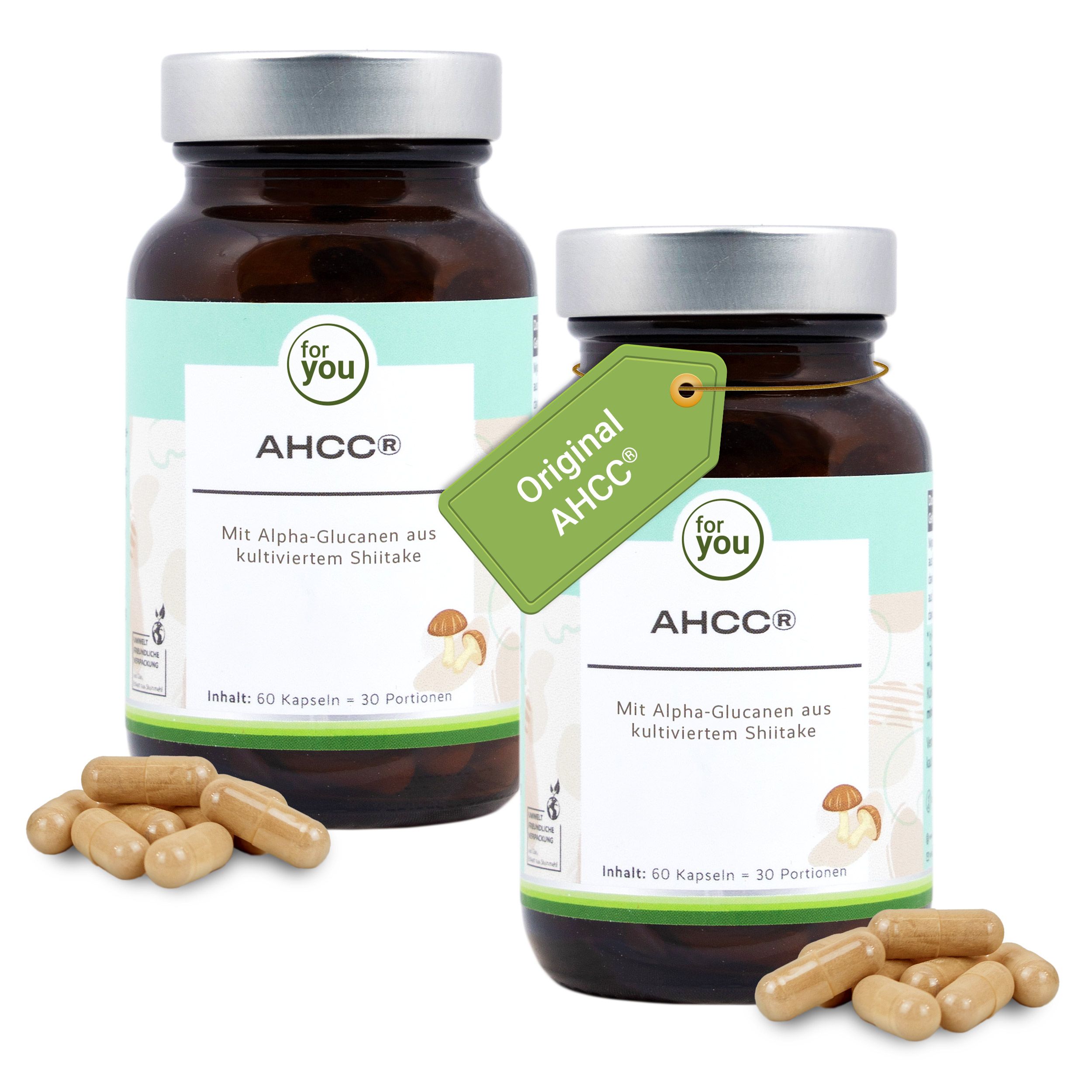 Zwei Flaschen AHCC® Kapseln mit Shiitake-Extrakt. Eine Flasche mit Anhänger.