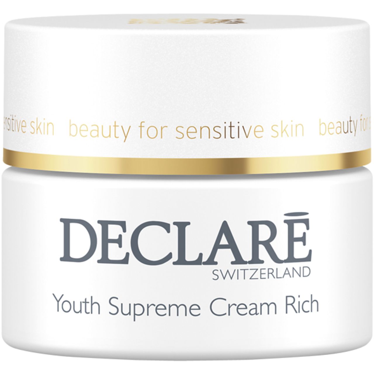 Weißer Tiegel mit goldfarbenem Deckel. Aufschrift: DECLARE SWITZERLAND, Youth Supreme Cream Rich. Text: beauty for sensitive skin.
