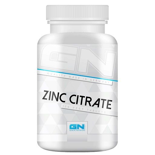 Weiße Flasche mit GN Zinc Citrate. Aufschrift: Zinc Citrate, 120 Vegy Tablets. Logo: GN Genetic Nutrition.