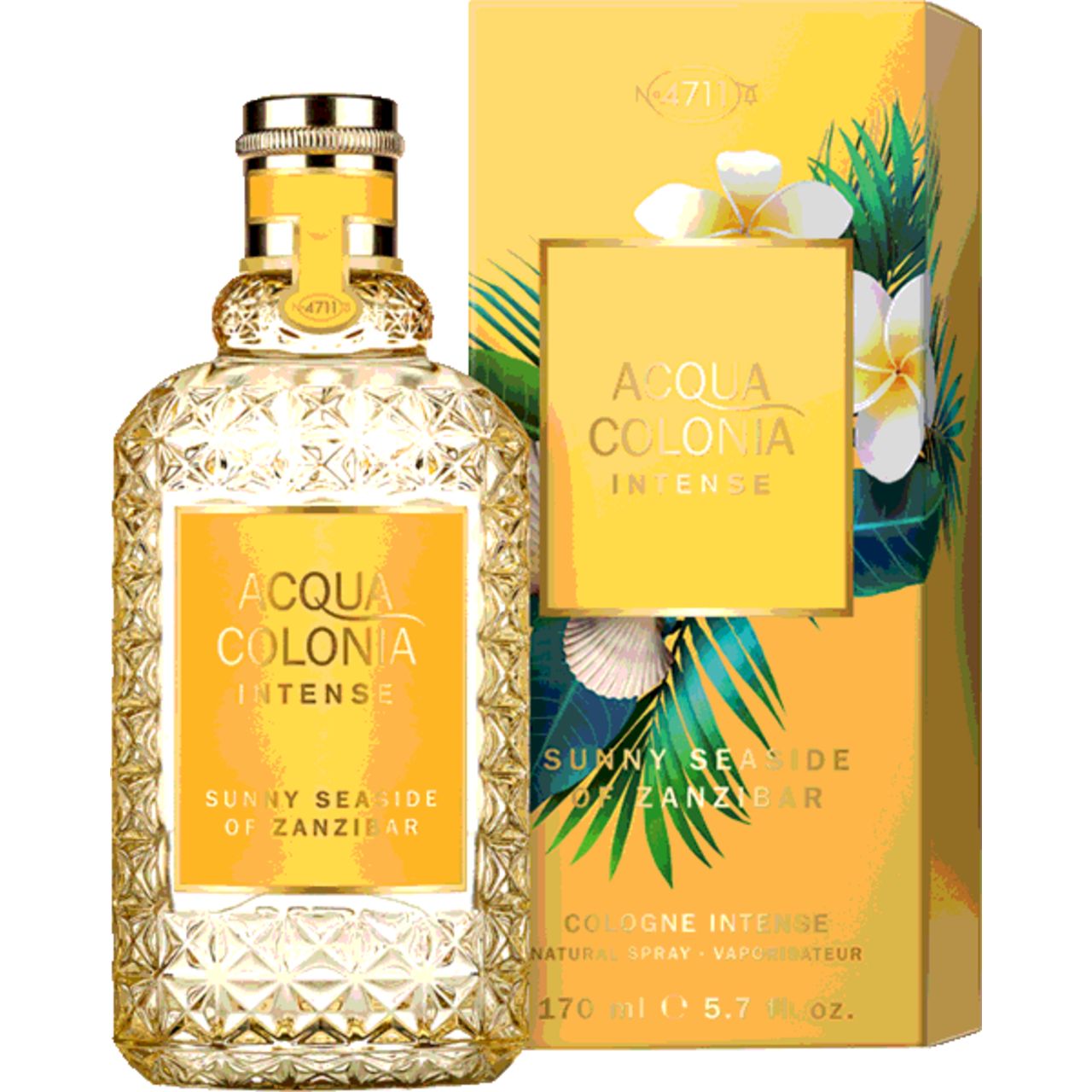 Flakon und Verpackung. Flakon mit gelbem Etikett. Verpackung mit floralem Design. Aufschrift: Acqua Colonia Intense.