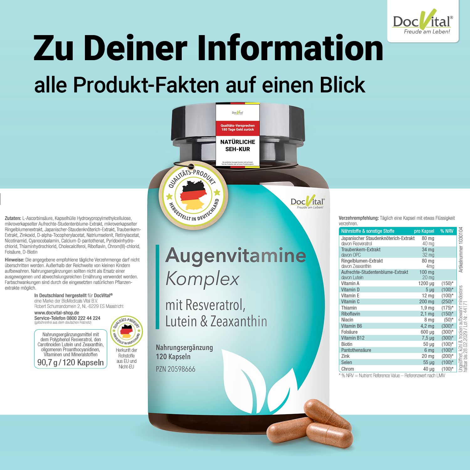 Augenvitamine Lutein Zeaxanthin Kapseln - Vitamin A - Augenstark Vital Komplex hochdosiert DocVital®