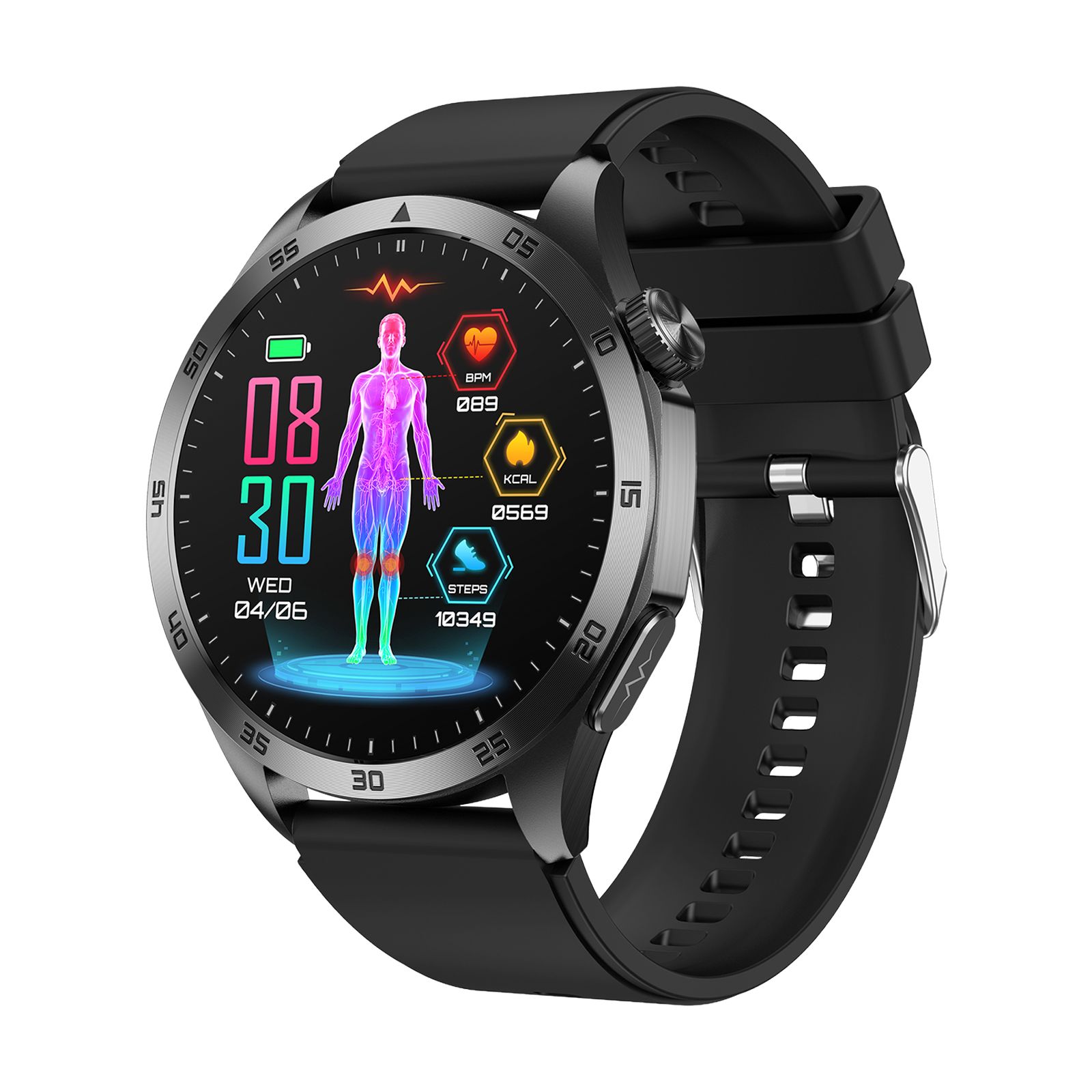 Smartwatch mit schwarzem Armband. Rundes Zifferblatt mit Gesundheitsdaten: Puls, Kalorien, Schritte. Anzeige von Datum und Uhrzeit.