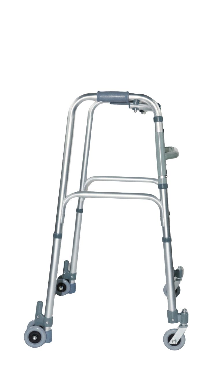 Aluminium-Rollator mit 4 Rädern. Graue Griffe und Räder. Silberfarbenes Gestell. Seitenansicht.