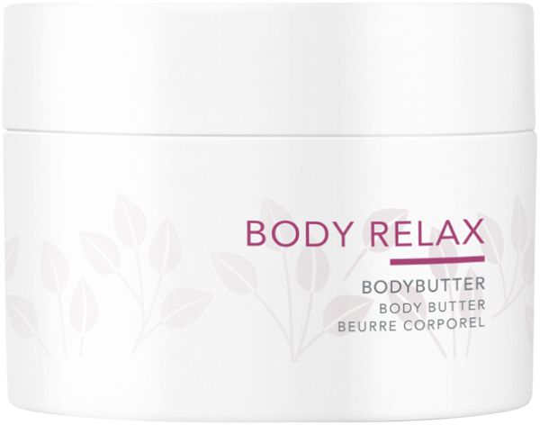 Weißer Tiegel Charlotte Meentzen Body Relax Bodybutter. Text: Body Relax, Bodybutter, Beurre Corporel. Mit Blättermuster.