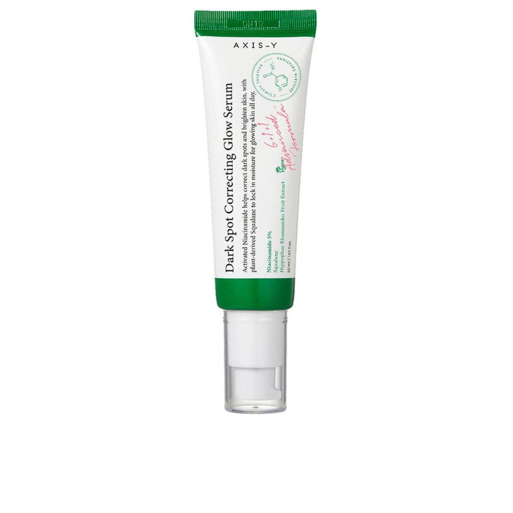 Tube. Text: Dark Spot Correcting Glow Serum. Marke: AXIS-Y. Produkt mit grünem Deckel und weißer Tube.