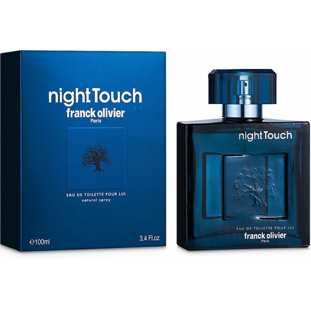 Dunkelblaue Flasche und Schachtel. Aufschrift "night Touch" und "Franck Olivier". Flakon mit blauem Deckel.