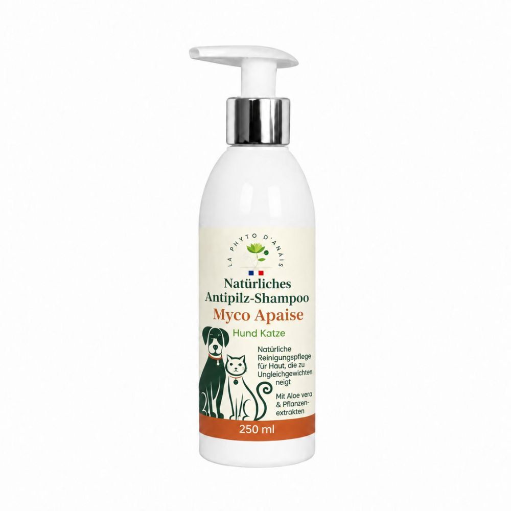 Flasche mit 250ml Hundeshampoo, natürliche Zusammensetzung mit Hafer, Calendula und Honig.