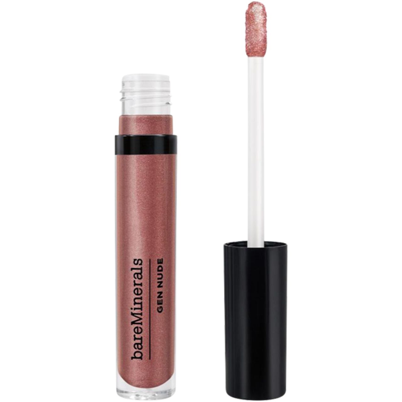 bareMinerals Gen Nude Lip Lacquer. Tube geöffnet, Applikator sichtbar. Rosa-goldener Farbton. Schwarzer Deckel. Markenname und Produktname sind sichtbar.
