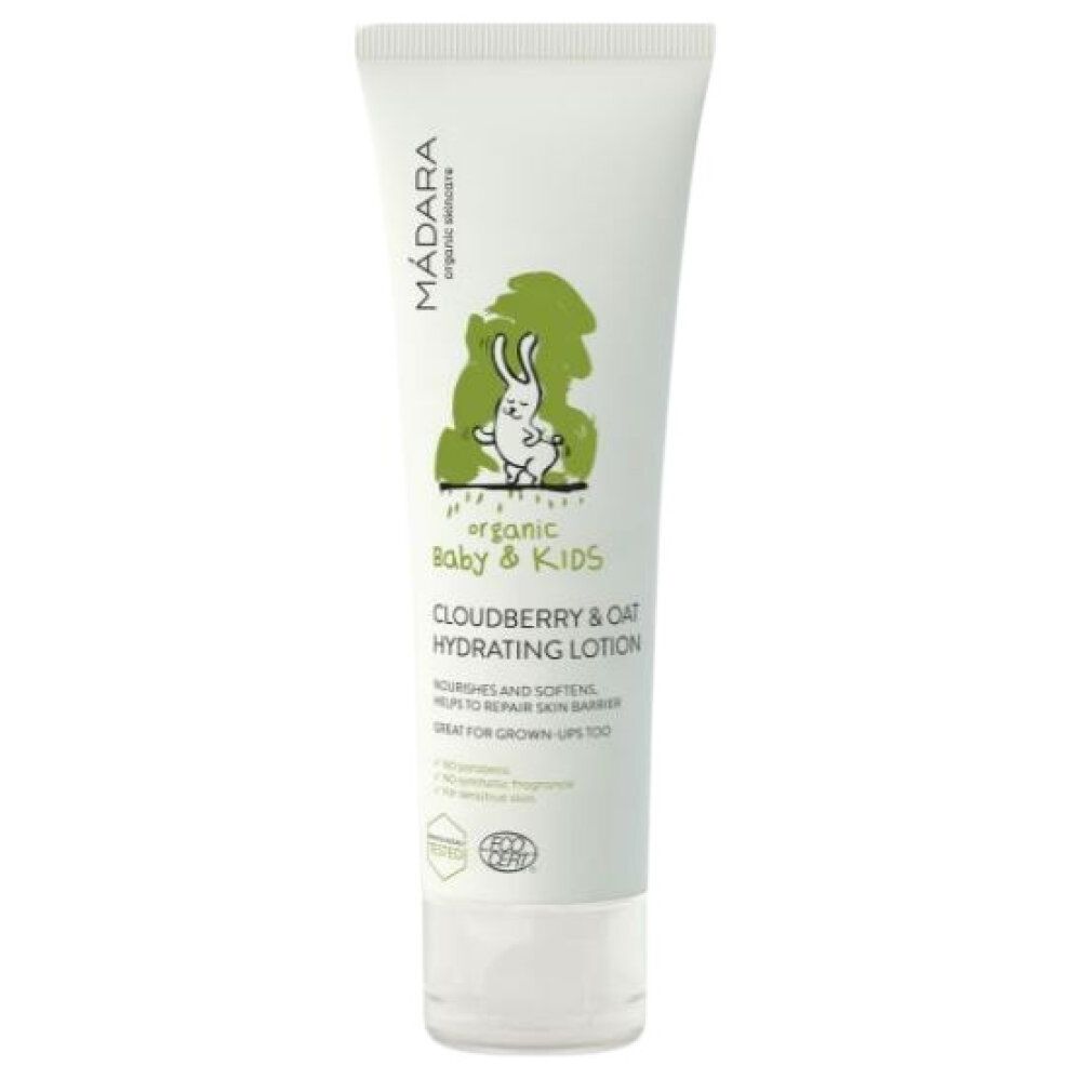 Weisse Tube mit grünem Logo und Text. Enthält ein Cartoon-Kaninchen. Text: Cloudberry & Oat Hydrating Lotion. Zertifizierung.