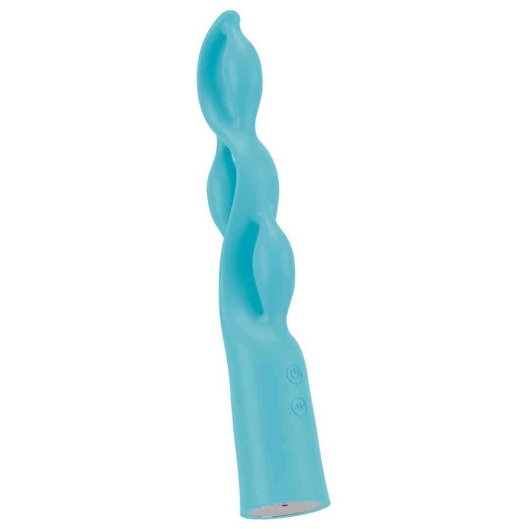 Türkisfarbener Vibrator mit gewundener Form. Zwei Knöpfe an der Basis. Zylindrischer Griff.