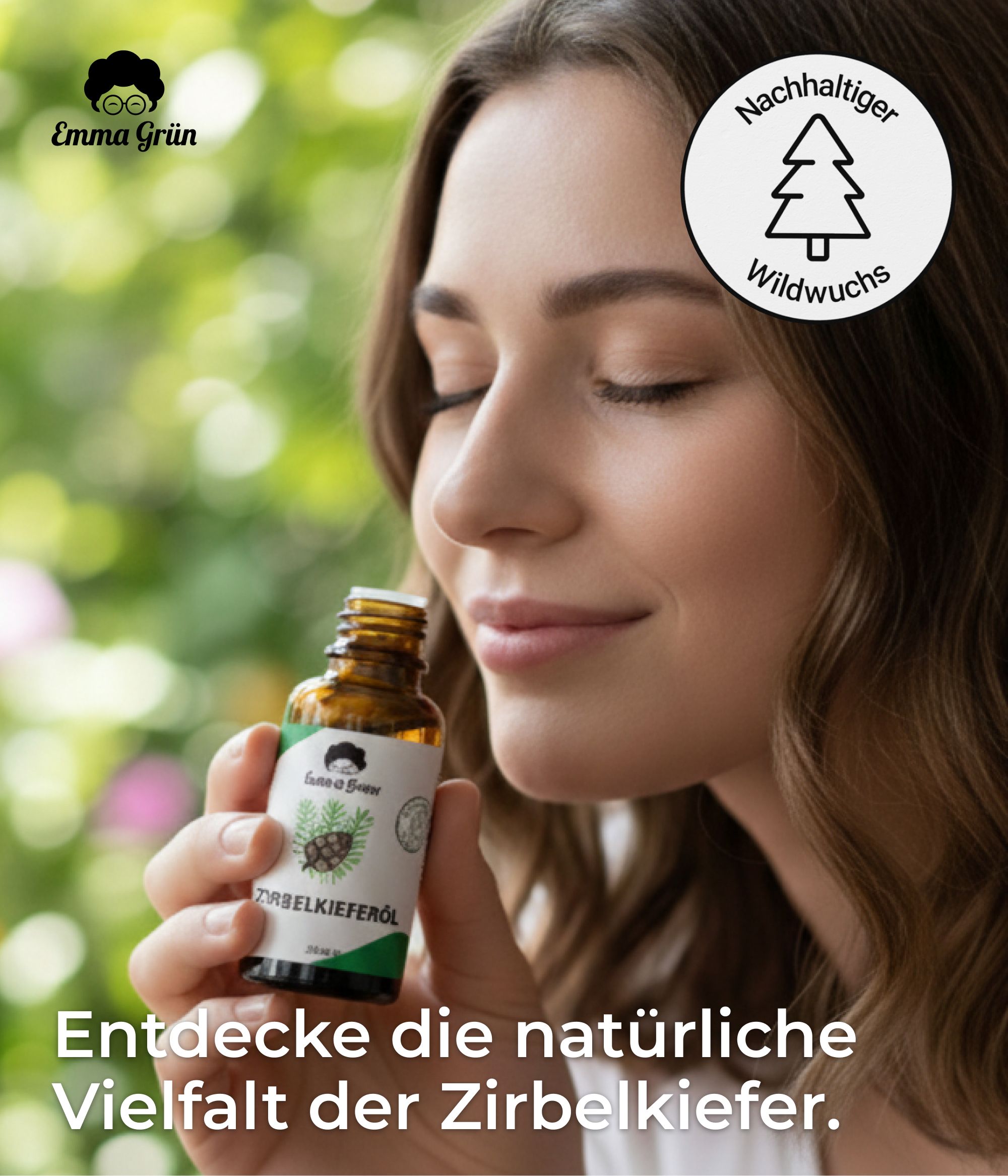 Frau riecht an einer Flasche Zirbenöl. Flasche mit Etikett. Text: Entdecke die natürliche Vielfalt der Zirbelkiefer.