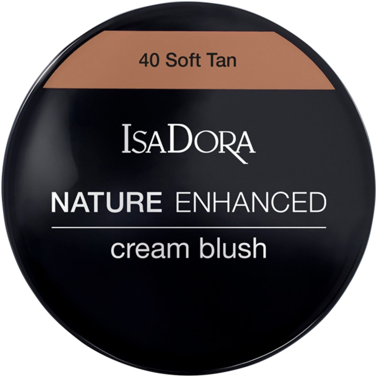 Runder, schwarzer Behälter mit IsaDora-Logo und Aufschrift "NATURE ENHANCED cream blush". Oben: Farbton "40 Soft Tan".