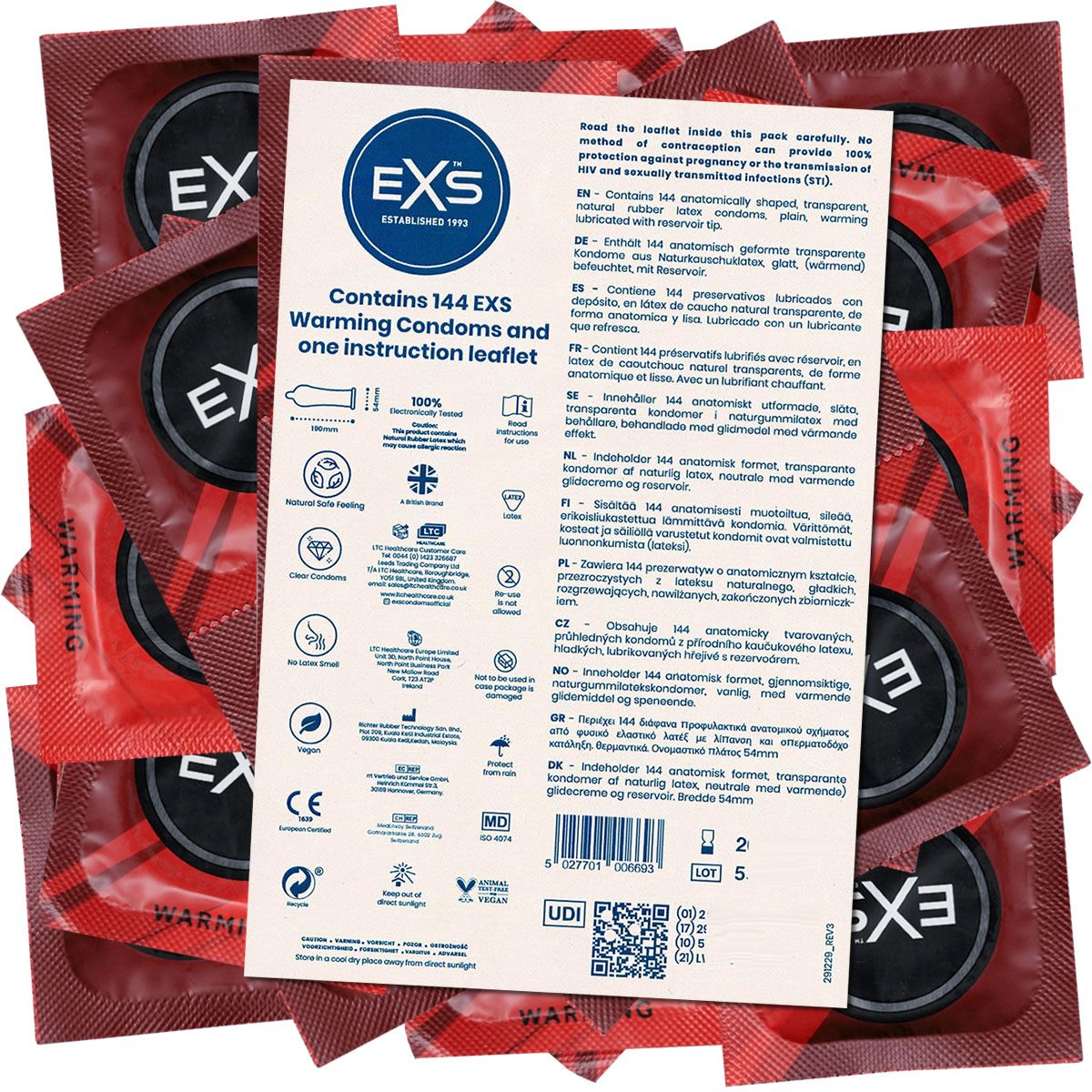 Verpackung mit 144 EXS Warming Kondomen und einer Anleitung. Rote Einzelverpackungen mit Produktinformationen.
