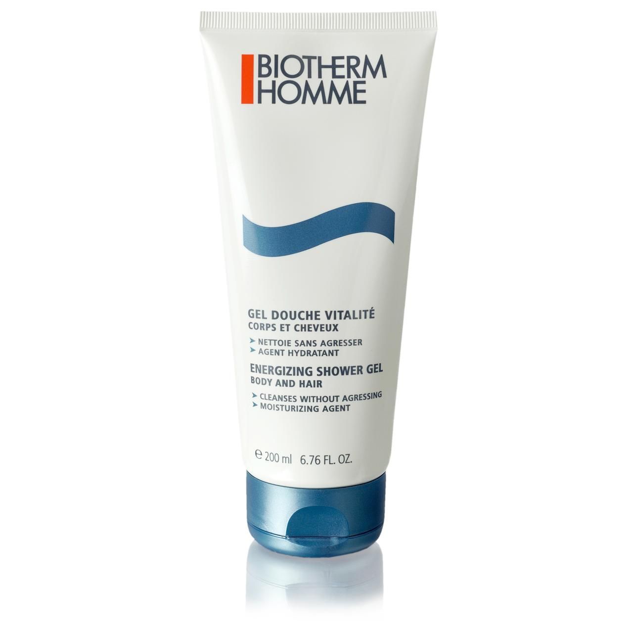 Weiß-blaue Tube mit Produktbezeichnung und Markenlogo. Text: Gel Douche Vitalité, Energizing Shower Gel.