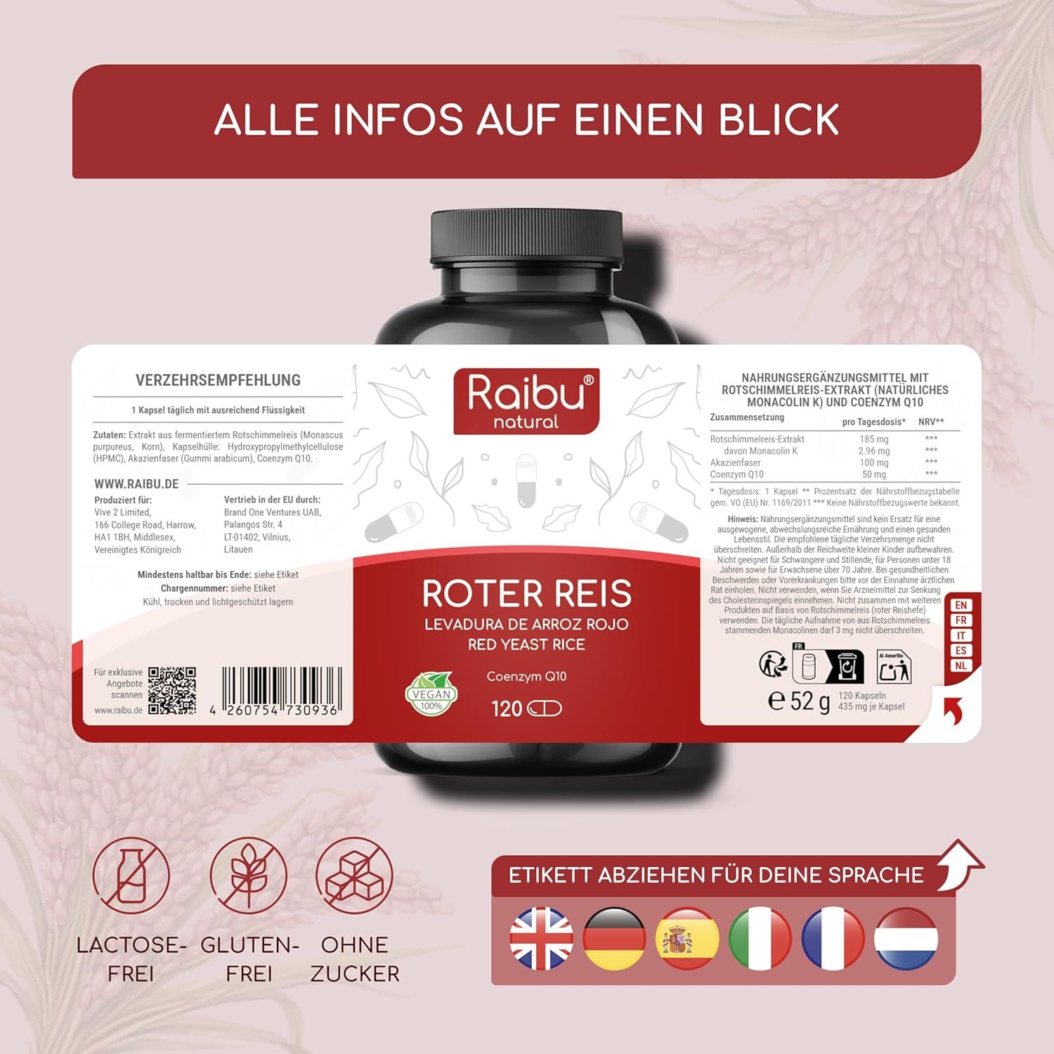 Produktflasche mit Etikett. Text: Roter Reis, Red Yeast Rice, 120 Kapseln. Nährwertangaben. Frei von Laktose, Gluten, Zucker.