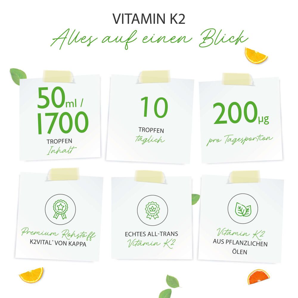 Notizen mit Informationen zu Vitamin K2 Tropfen. Enthält Angaben zu Inhalt, Tropfenanzahl und Tagesdosis.