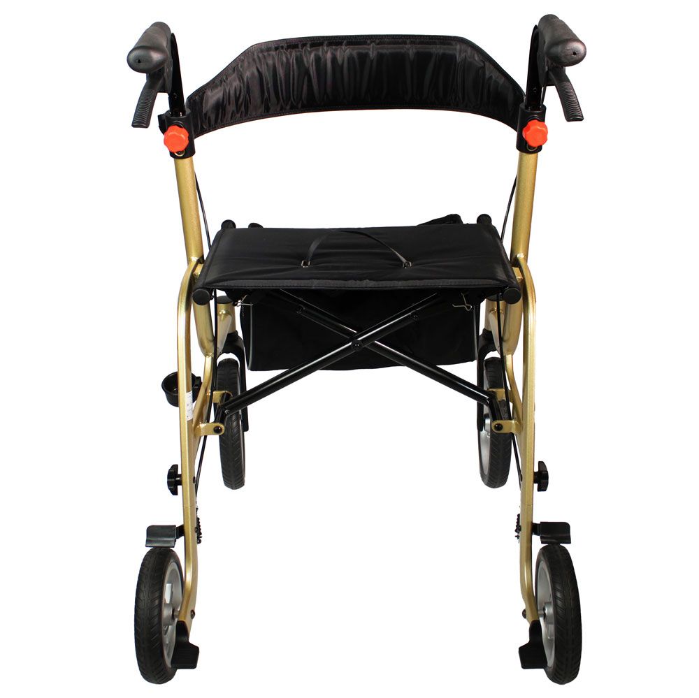 Rollator, Draufsicht. Goldfarbener Rahmen, schwarzer Sitz und Tasche. Vier Räder. Höhenverstellbare Griffe. Bremsen.