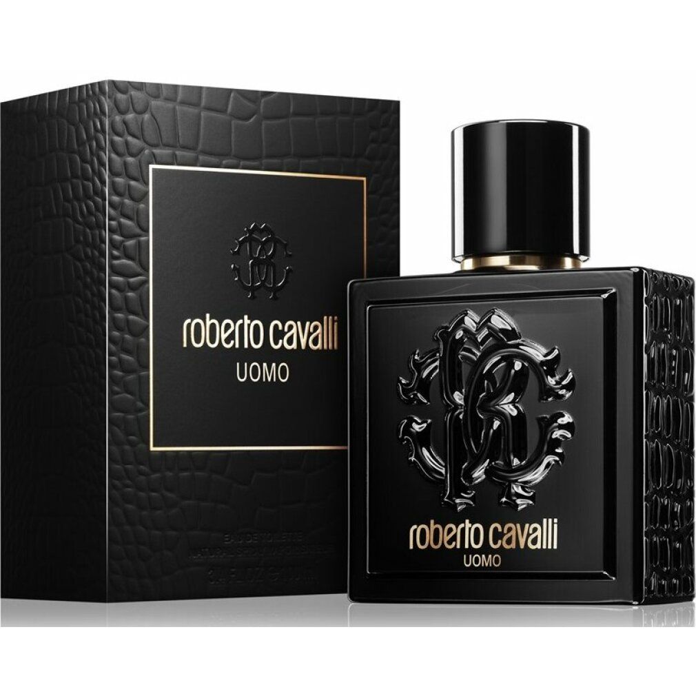 Roberto Cavalli Uomo Eau de Toilette Natürliches Spray mit Krokodilleder-Textur-Verpackung.