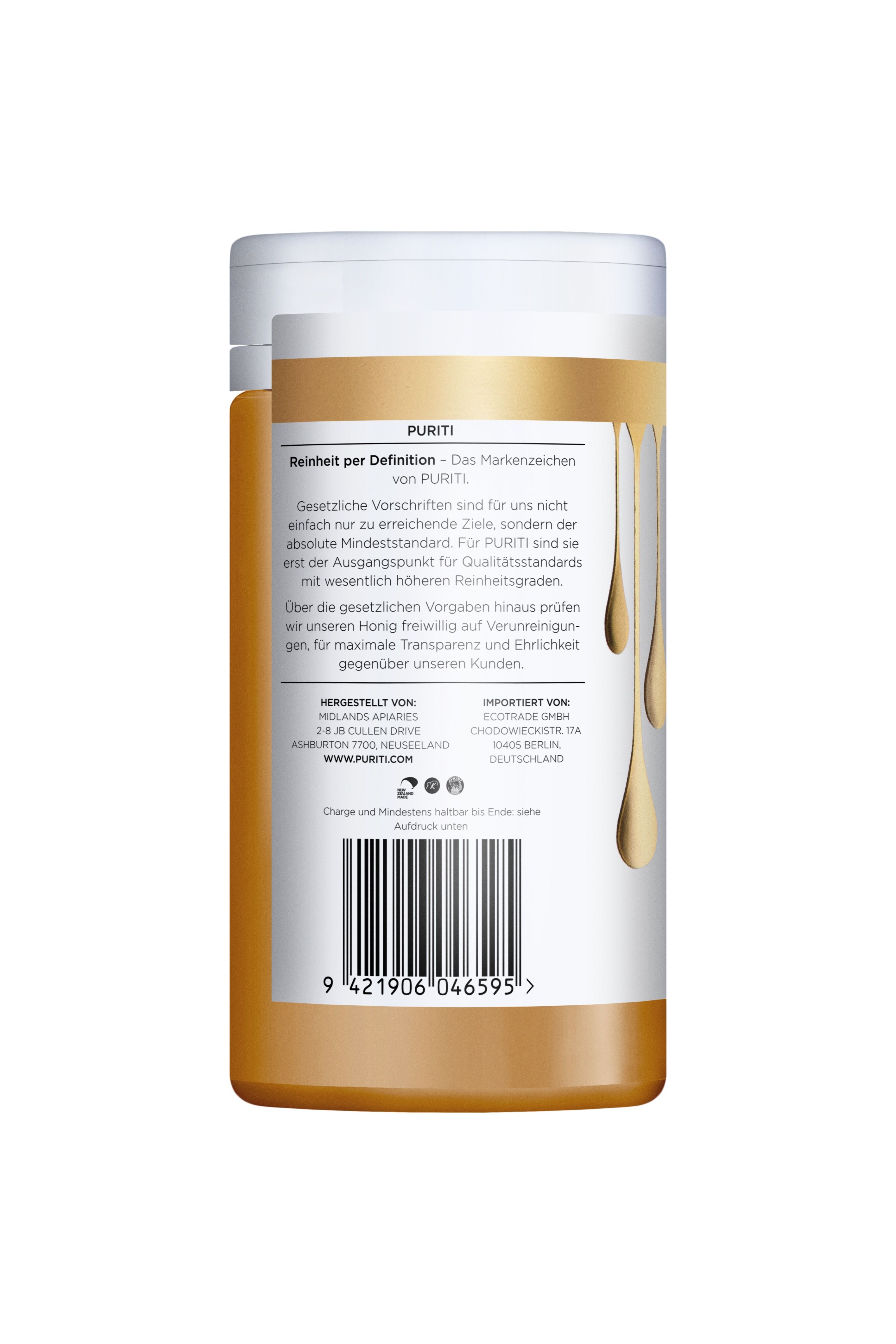 Rückseite der Honigdose. Text: PURITI. Goldfarbenes Design. Barcode. Text über Reinheit und Herkunft. Hersteller- und Importeurangaben.
