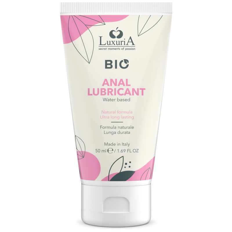 Tube mit Anal-Gleitmittel. Aufschrift: LuxuriA BIO, ANAL LUBRICANT, Water based. Inhalt: 50 ml. Hergestellt in Italien.