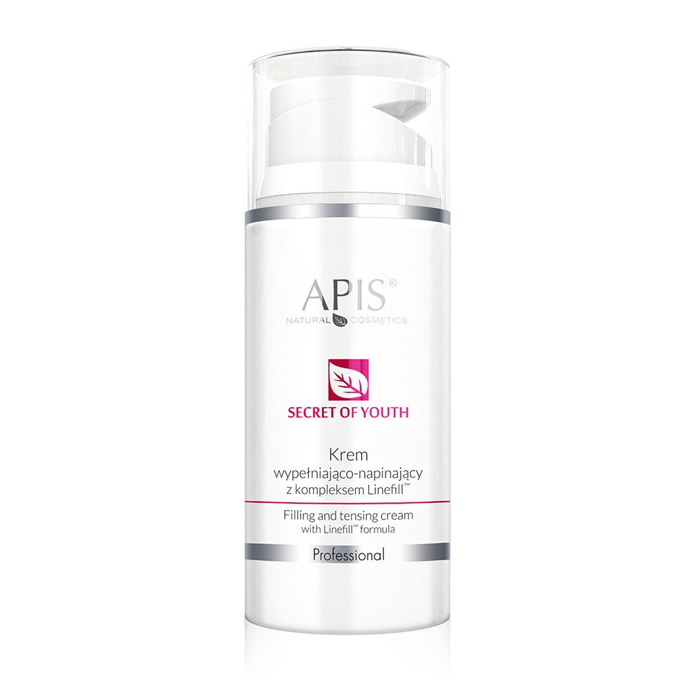 Weiße Creme-Flasche mit APIS-Logo und „SECRET OF YOUTH“-Schriftzug. Roter Akzent mit Blatt-Symbol. Pump-Spender.