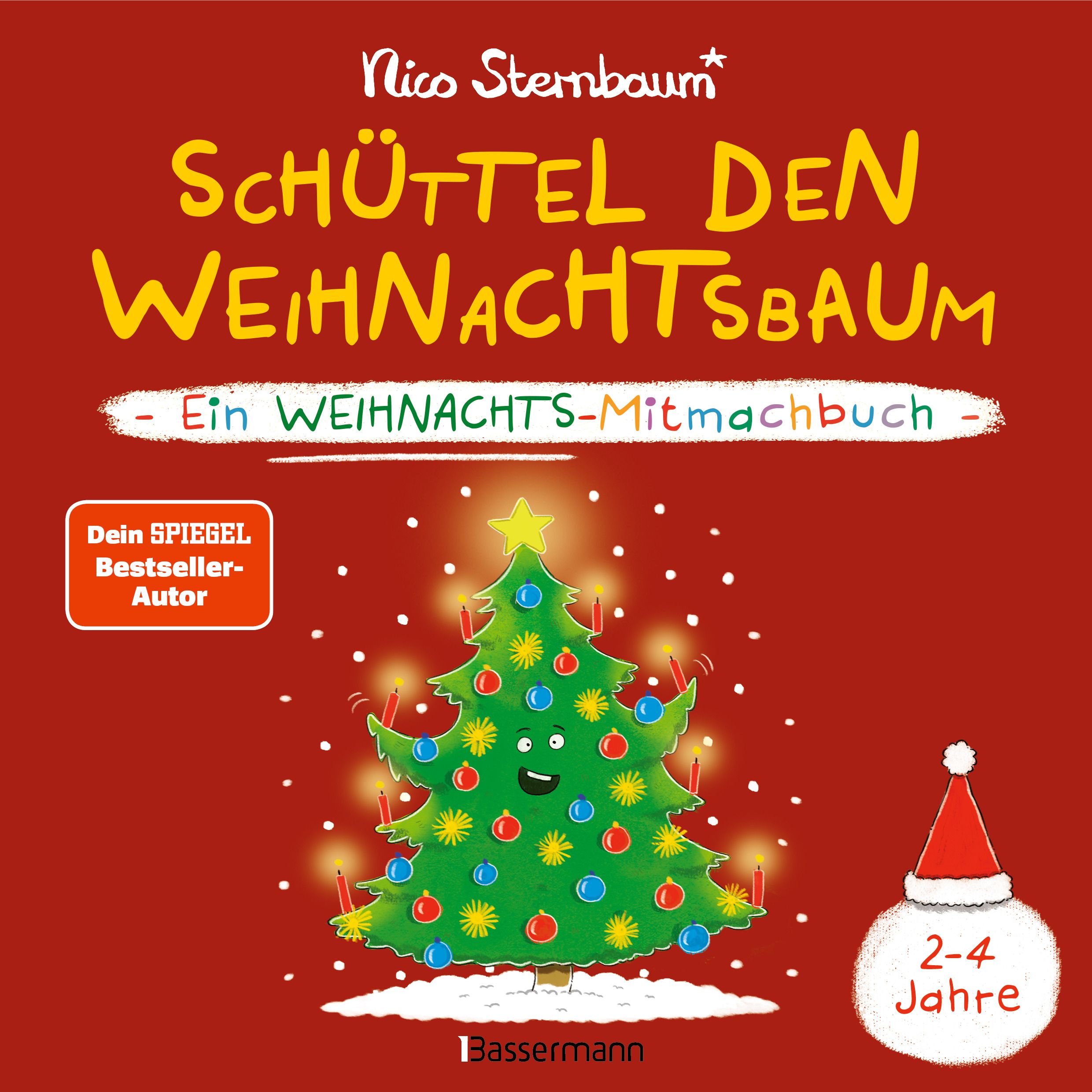Buchcover mit Titel "Schüttel den Weihnachtsbaum". Ein grüner Weihnachtsbaum mit Kugeln und Kerzen auf rotem Hintergrund. Altersempfehlung: 2-4 Jahre.