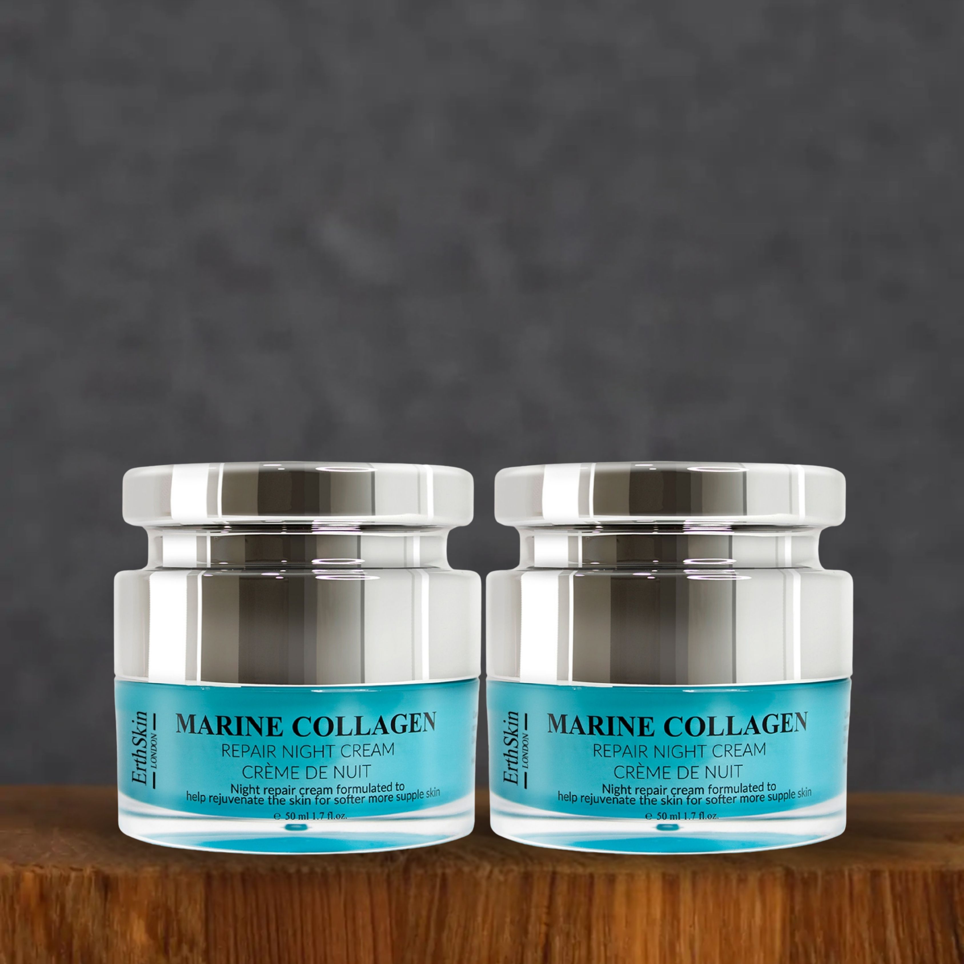 Zwei Tiegel Nachtcreme mit silbernen Deckeln. Blaue Etiketten mit Text: Marine Collagen, Repair Night Cream, Crème de Nuit. ErthSkin London.