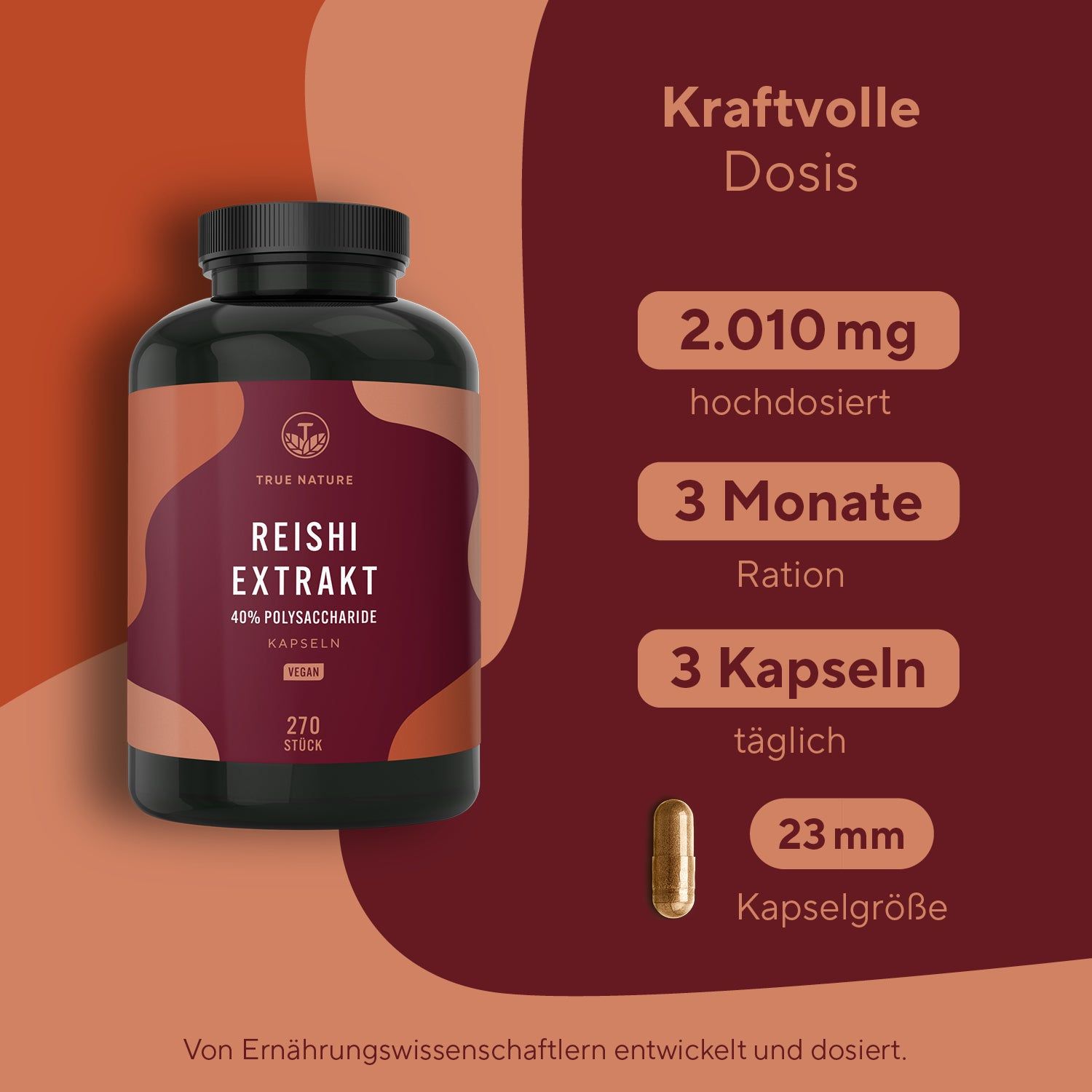 Braune Flasche mit Kapseln. Text: Reishi Extrakt, 40% Polysaccharide, 270 Stück, vegan. 3 Kapseln täglich, 23 mm.