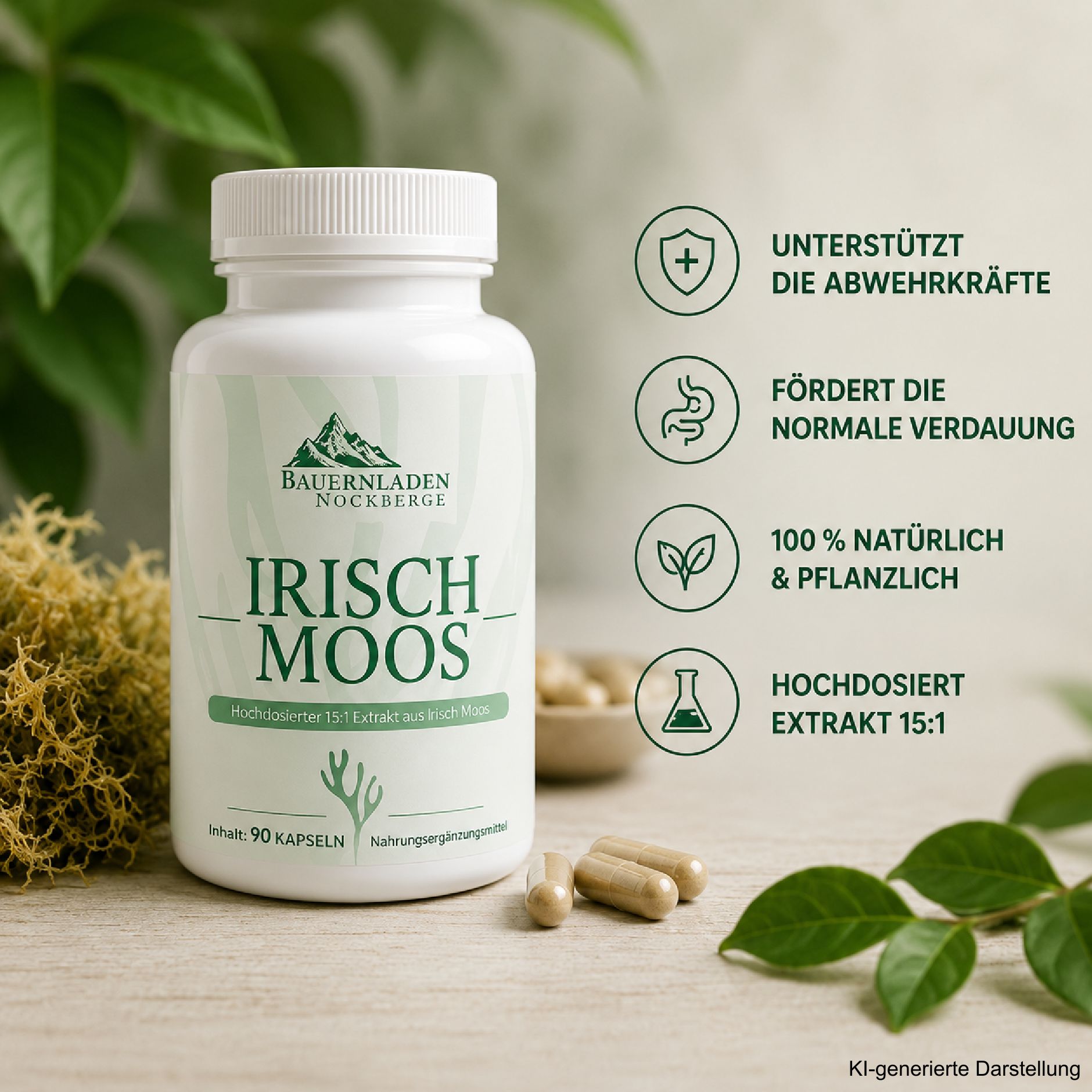 Weiße Dose mit Irisch Moos Kapseln, daneben Moos und Blätter. Enthält 90 Kapseln.