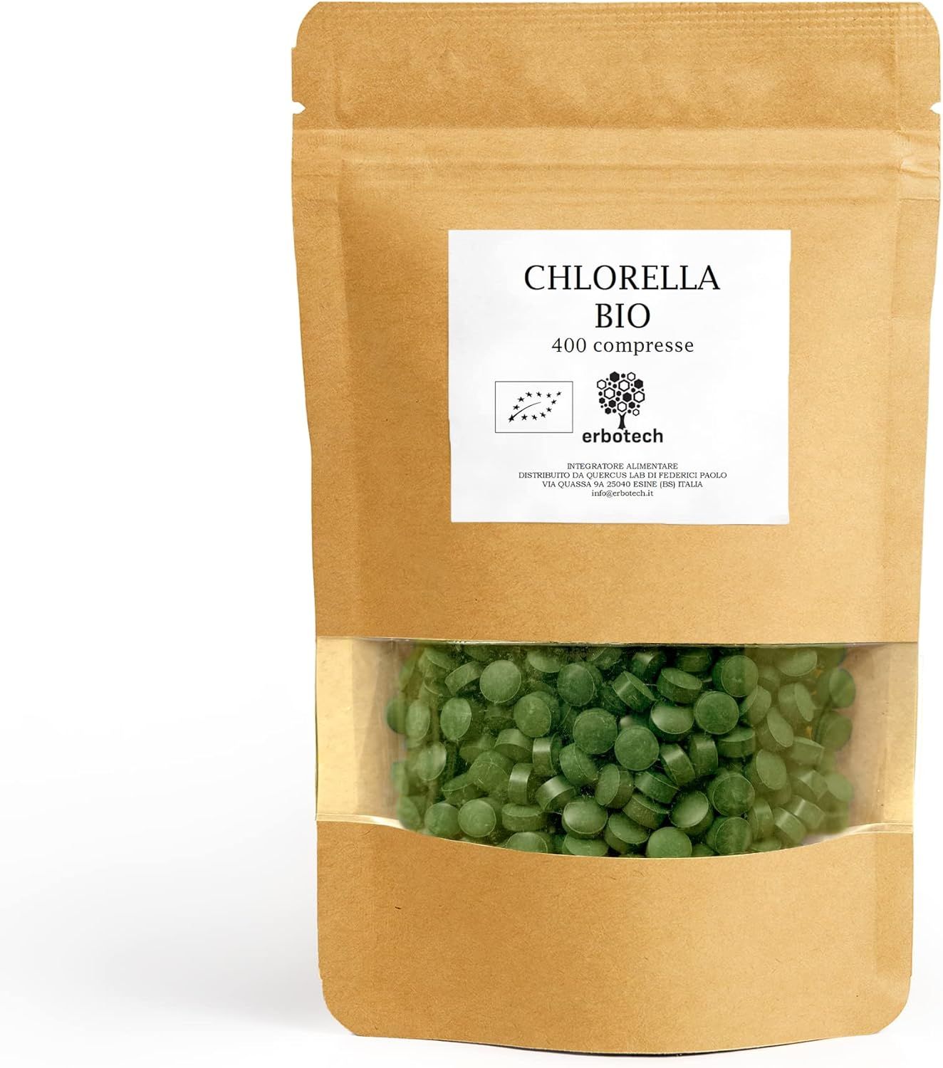Beutel mit Chlorella BIO Tabletten. Sichtfenster zeigt grüne Tabletten. Aufschrift: 400 compresse, erbotech.