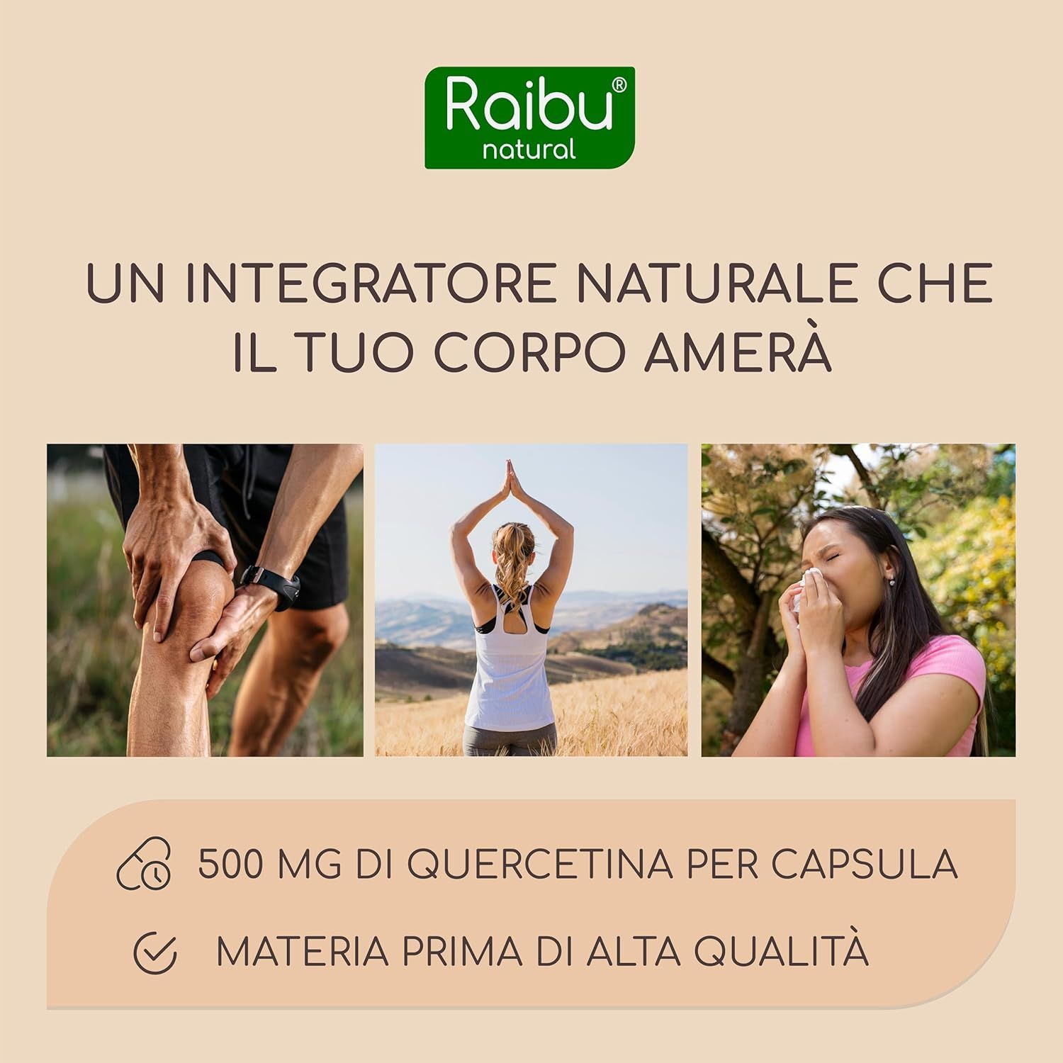 Immagini: Dolori articolari, yoga, allergia. Testo: 500 mg di quercetina per capsula. Materie prime di alta qualità.