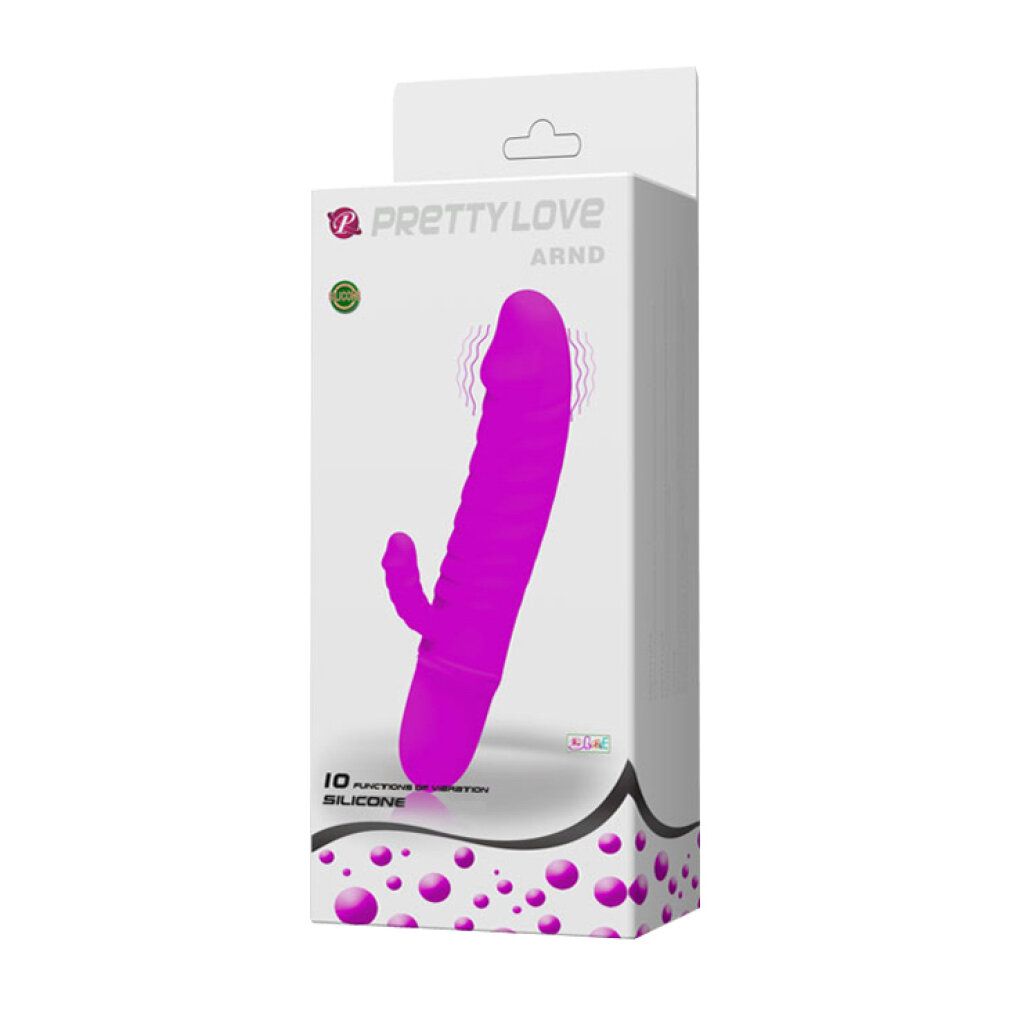 Verpackung des Vibrators. Marke Pretty Love, Modell Arnd. Auf weißem Hintergrund.