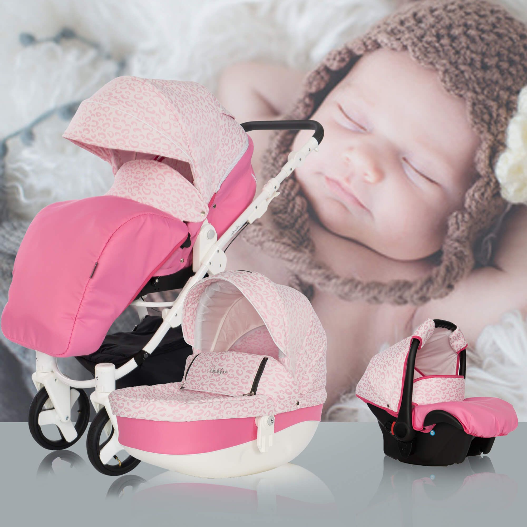 Friedrich Hugo Simpligo 4 in 1 Kinderwagen mit original Maxi Cosi, Leopard Pink (Stoff)