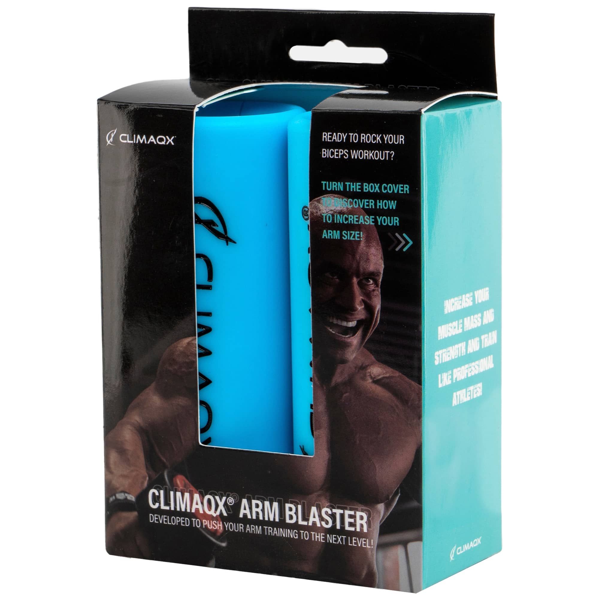 Verpackung mit blauem CLIMAQX Arm Blaster. Box mit Text und Abbildung eines Mannes.