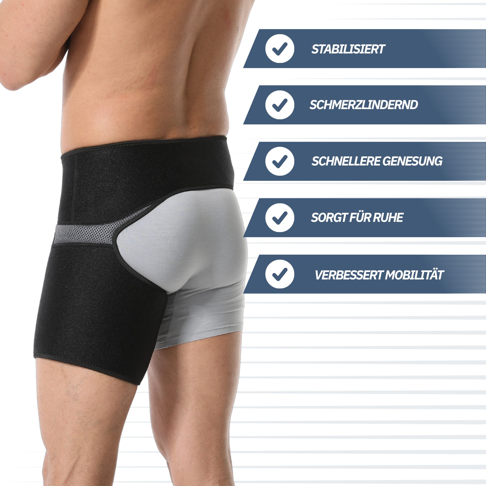 Größentabelle für Hüft- und Oberschenkelbandage: S (Hüfte 58-78cm, Oberschenkel 35-65cm), M (78-128cm, 65-85cm).