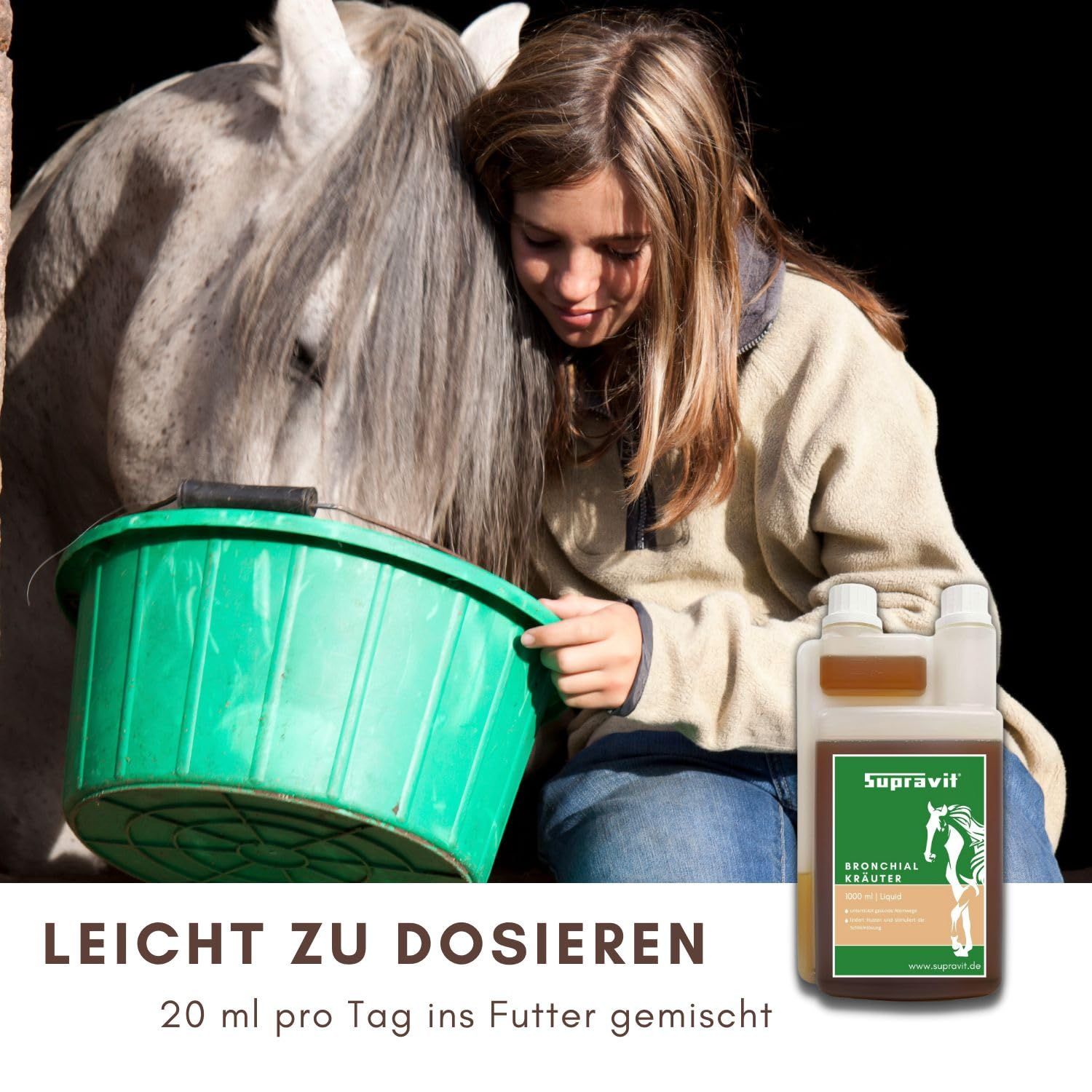 Mädchen mit Pferd. Sie hält einen grünen Eimer. Rechts unten: Flasche mit brauner Flüssigkeit und weißem Etikett. Text: Bronchialkräuter.