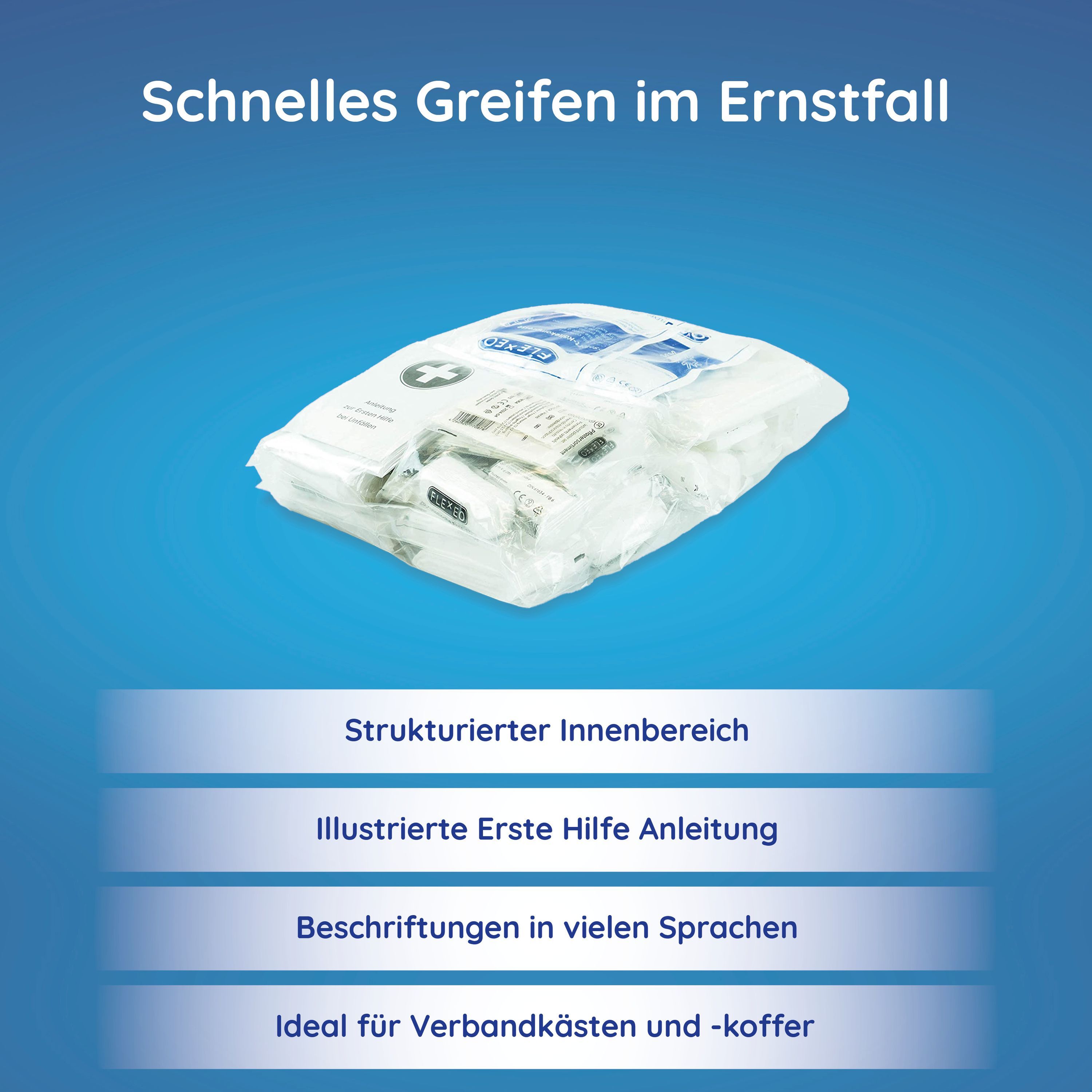Verpacktes Erste-Hilfe-Set mit strukturiertem Innenbereich. Enthält illustrierte Anleitung. Beschriftungen in mehreren Sprachen.