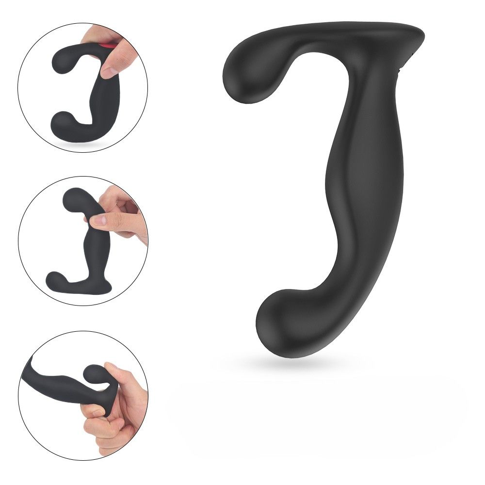 Schwarzer Vibrator. Drei Hände halten das Produkt in verschiedenen Positionen. Gebogene Form.