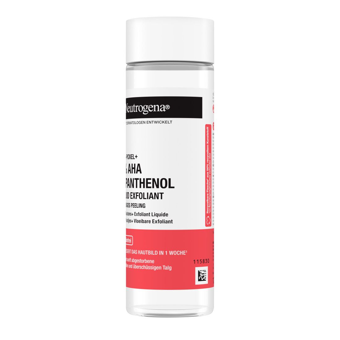 Klare Flasche mit weißem Deckel. Roter Streifen mit Produktinformationen. Schwarze Schrift: Neutrogena, Anti-Pickel+ 7% AHA + Panthenol.